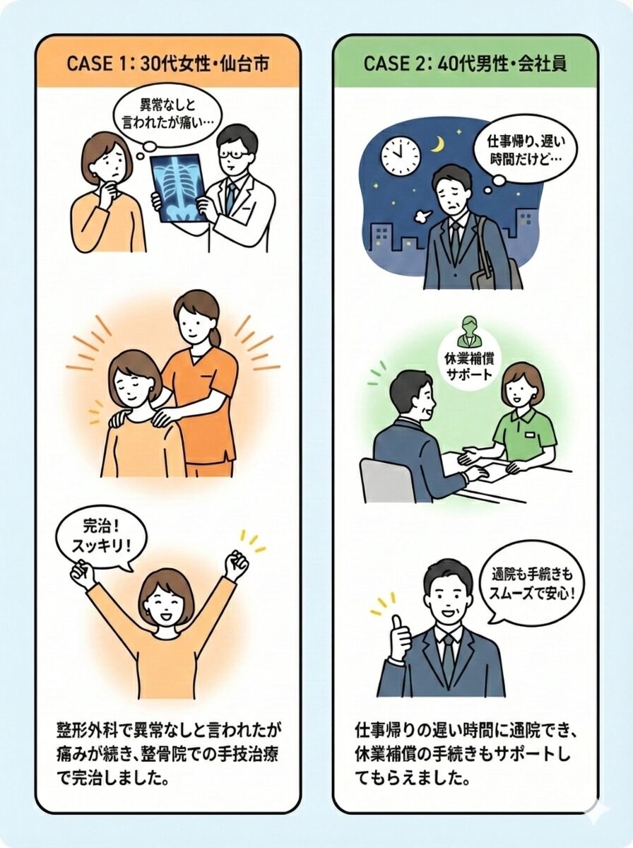 事例パネル:事例1: 「整形外科で異常なしと言われたが痛みが続き、整骨院での手技治療で完治したAさん(30代女性・仙台市)」事例2: 「仕事帰りの遅い時間に通院でき、休業補償の手続きもサポートしてもらえたBさん(40代男性・会社員)」