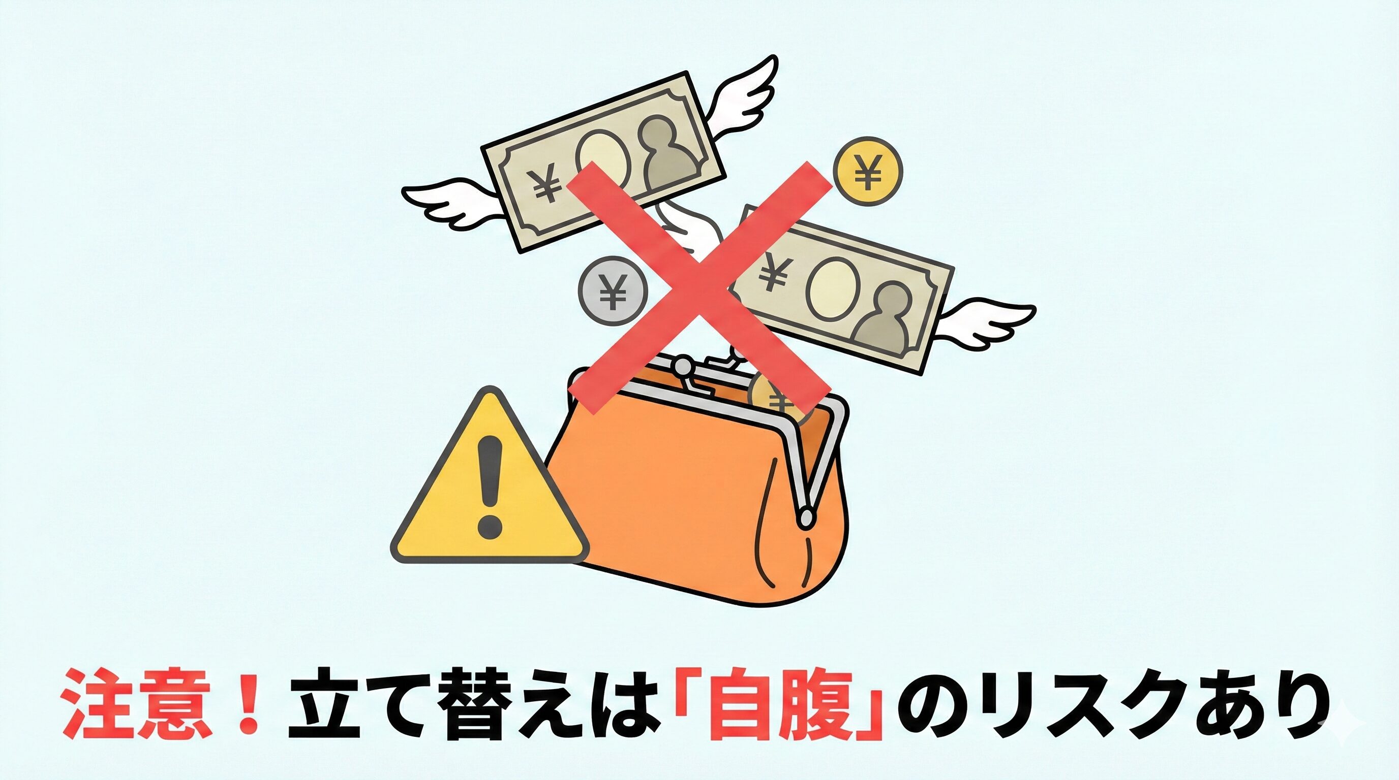 治療費の立て替え払いには、後に保険会社から支払われない「自腹」のリスクがあることを警告するイラスト