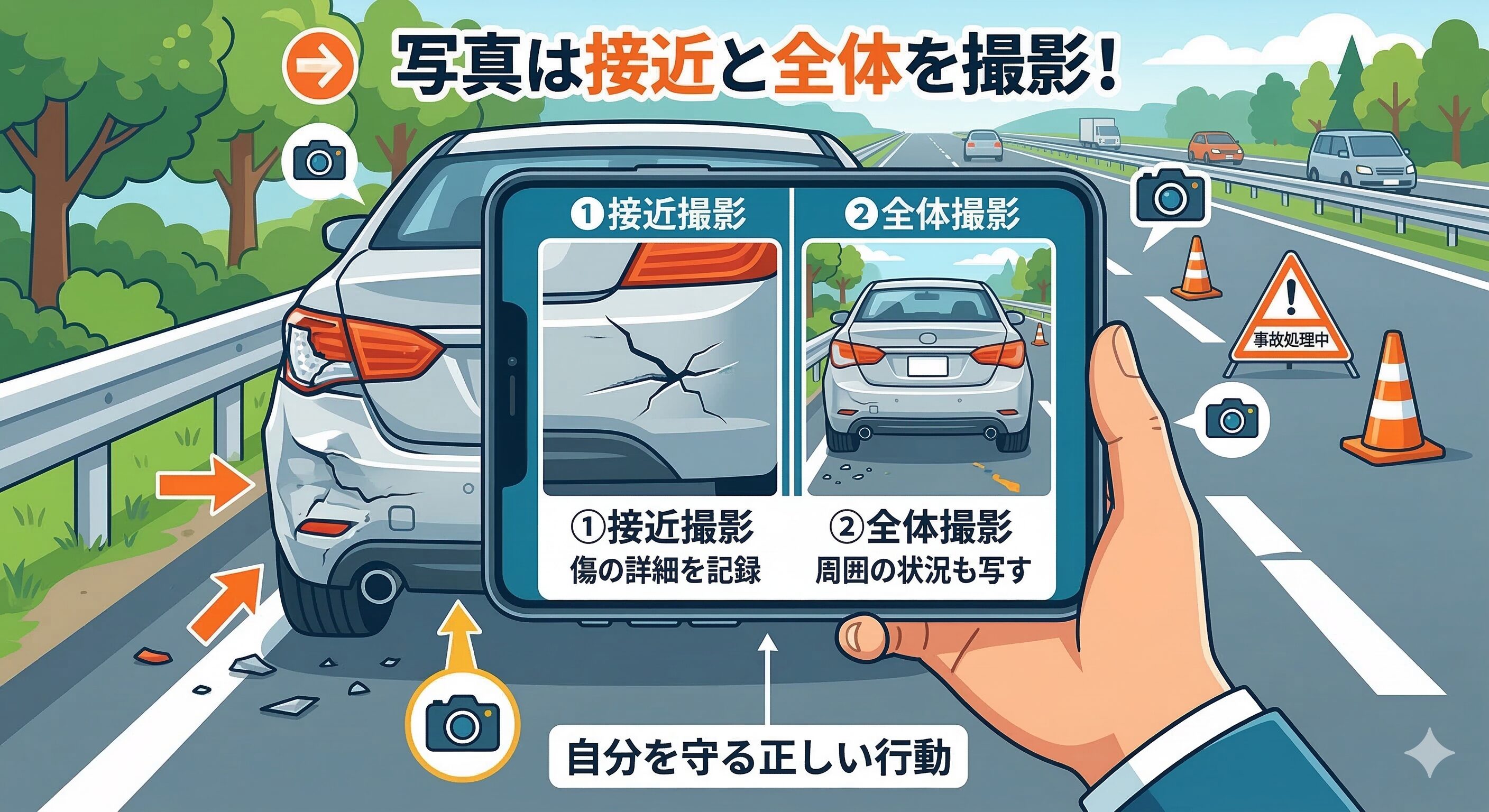 事故現場で証拠のために車の損傷状況をスマホで撮影している手順の解説図