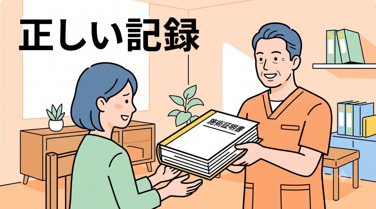 冷酷な保険会社への証明として、通院実績が詰まった施術証明書を笑顔で手渡す接骨院の院長と安心する患者のフラットイラスト