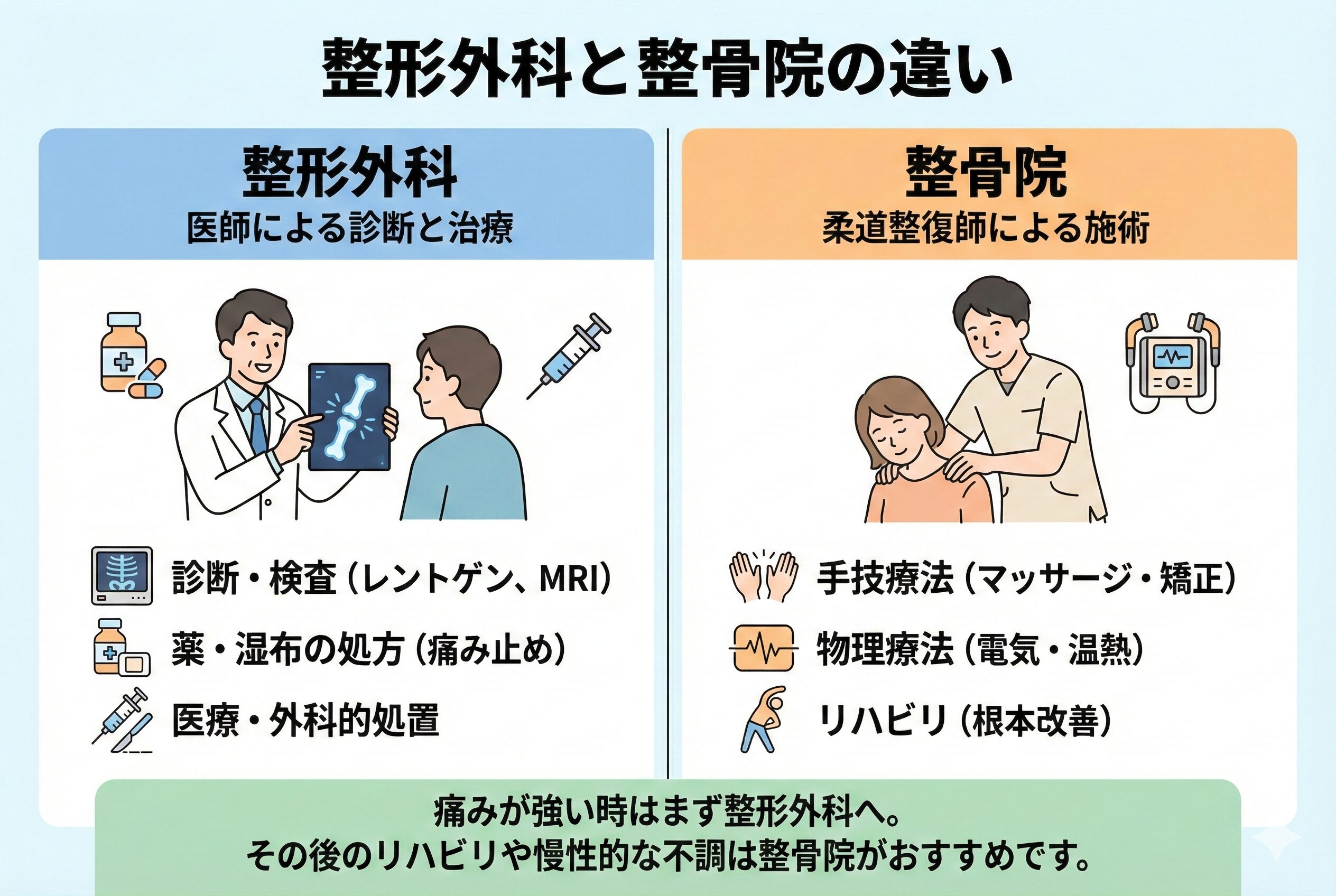 比較表: 整形外科: 診断、レントゲン、薬・湿布の処方（痛み止め） 整骨院: 手技療法、物理療法、リハビリ（根本改善）