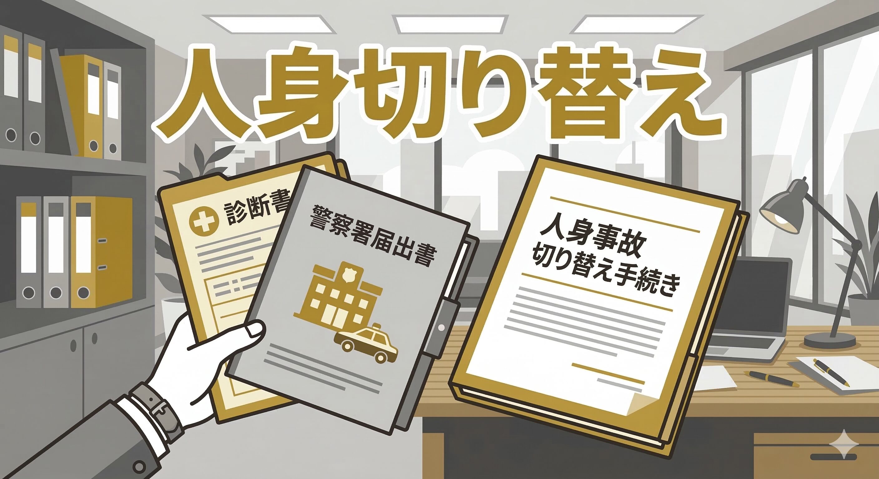 人身事故への切り替え手続きのために、診断書を持って警察署へ向かうイメージ。