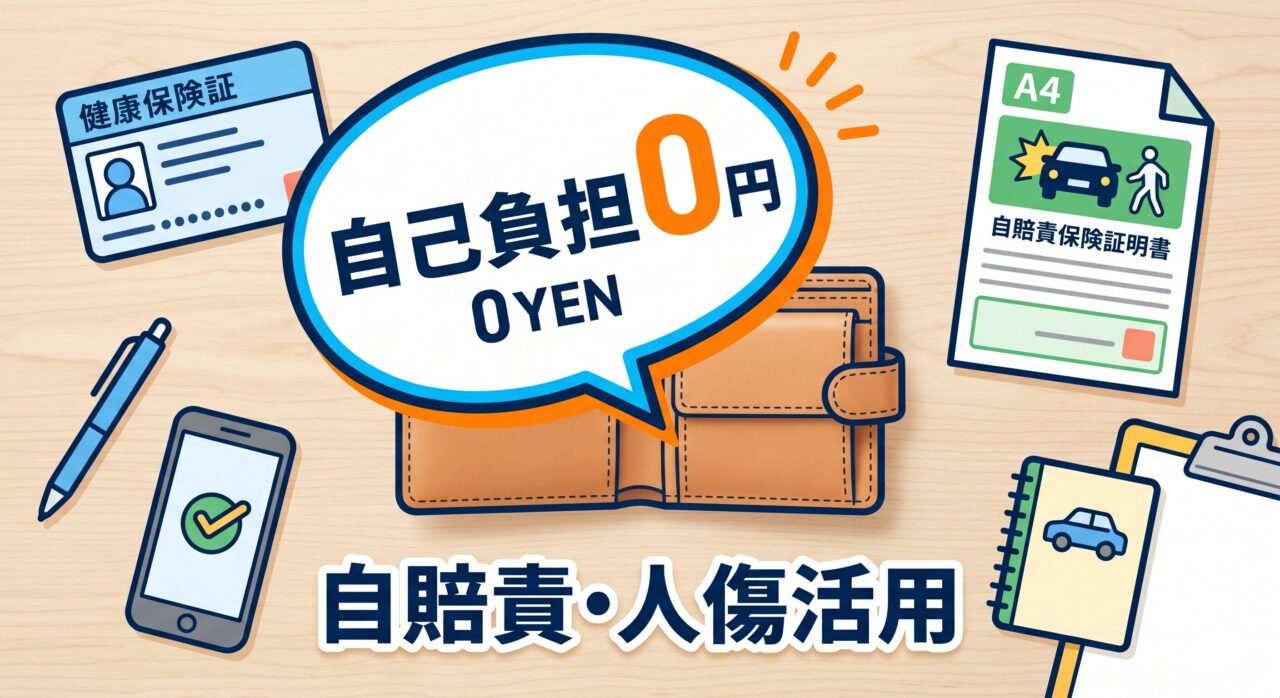 交通事故の治療費が自己負担0円であることを示すイラスト。自賠責保険と人身傷害保険のアイコン。