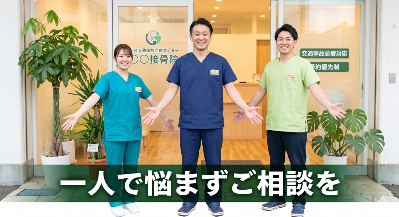 交通事故の悩みに寄り添い、優しく迎える接骨院の院長とスタッフ