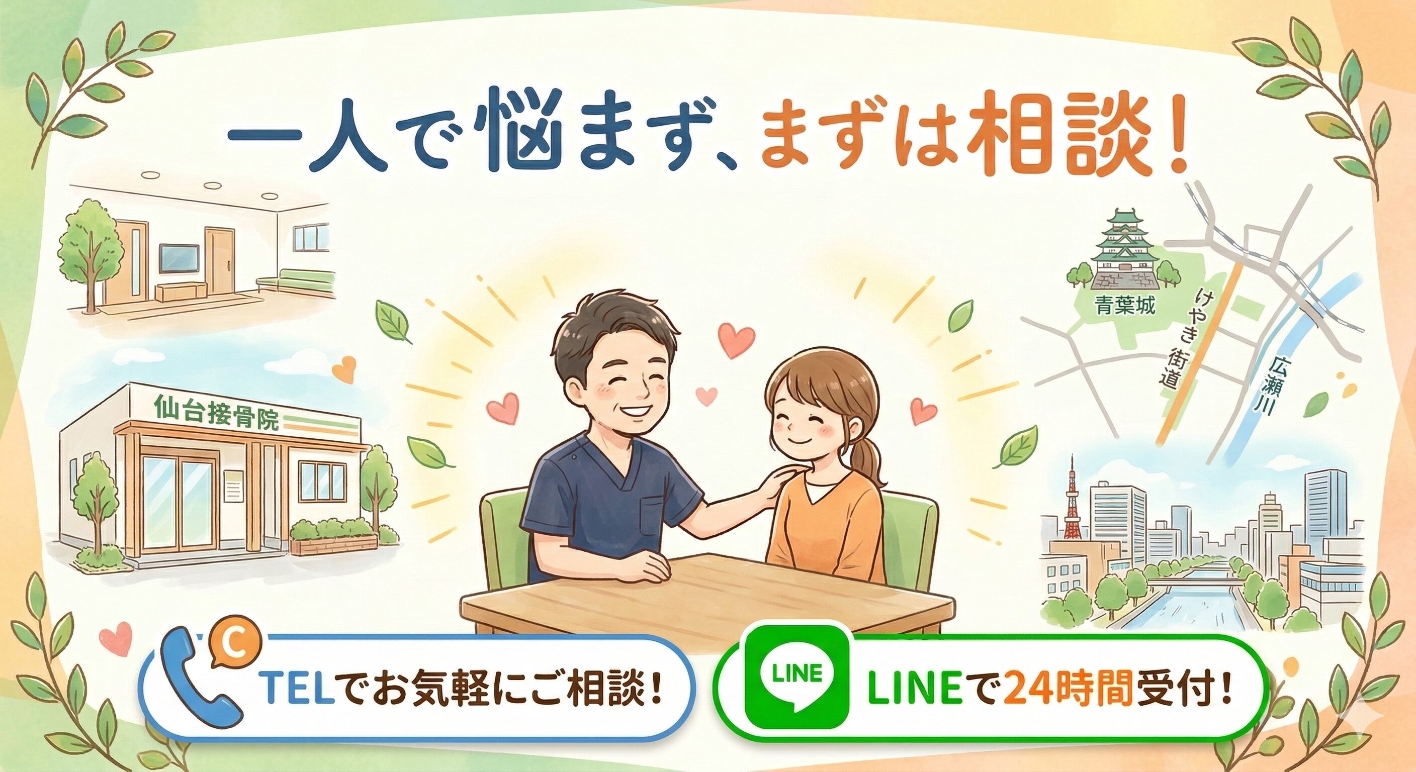 仙台で交通事故治療や手続きの相談を受け付けている接骨院の案内画像。