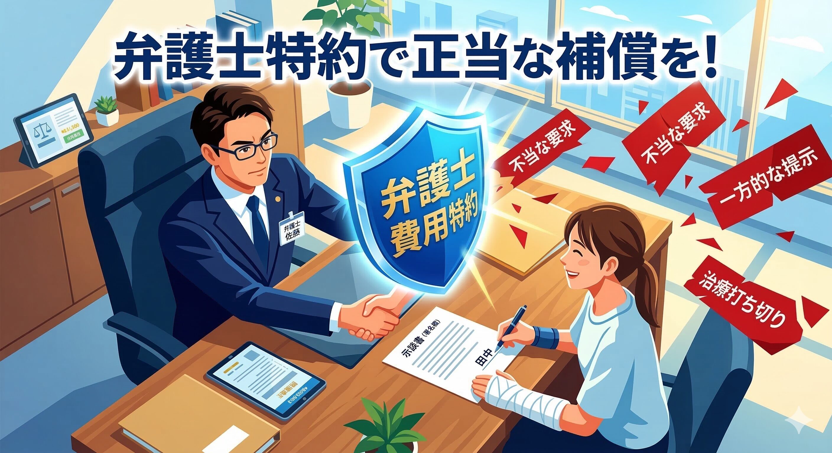弁護士費用特約を利用して正当な補償を勝ち取るためのサポートをイメージしたイラスト