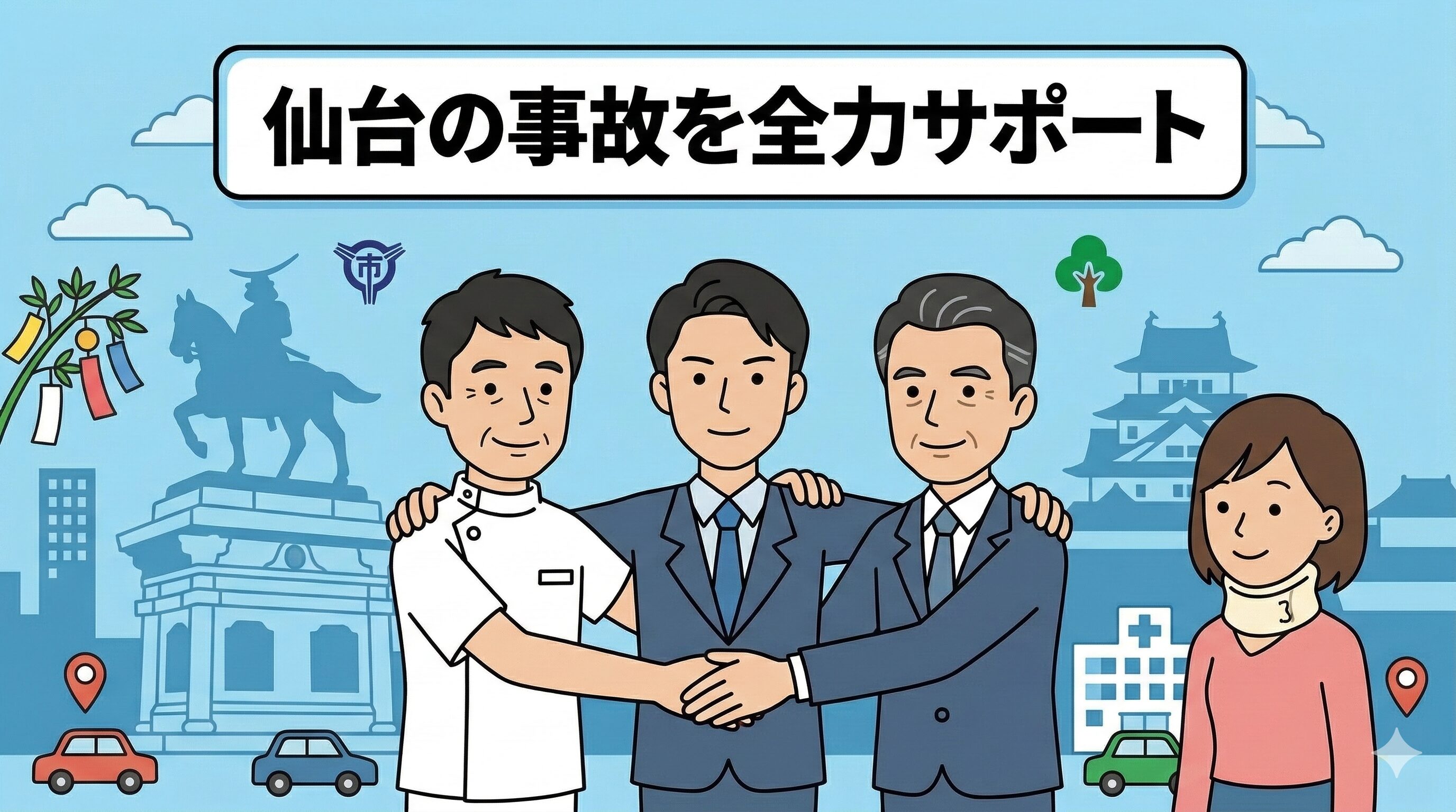 仙台市内の交通事故被害者を支える接骨院・行政書士・弁護士のチームイメージ。