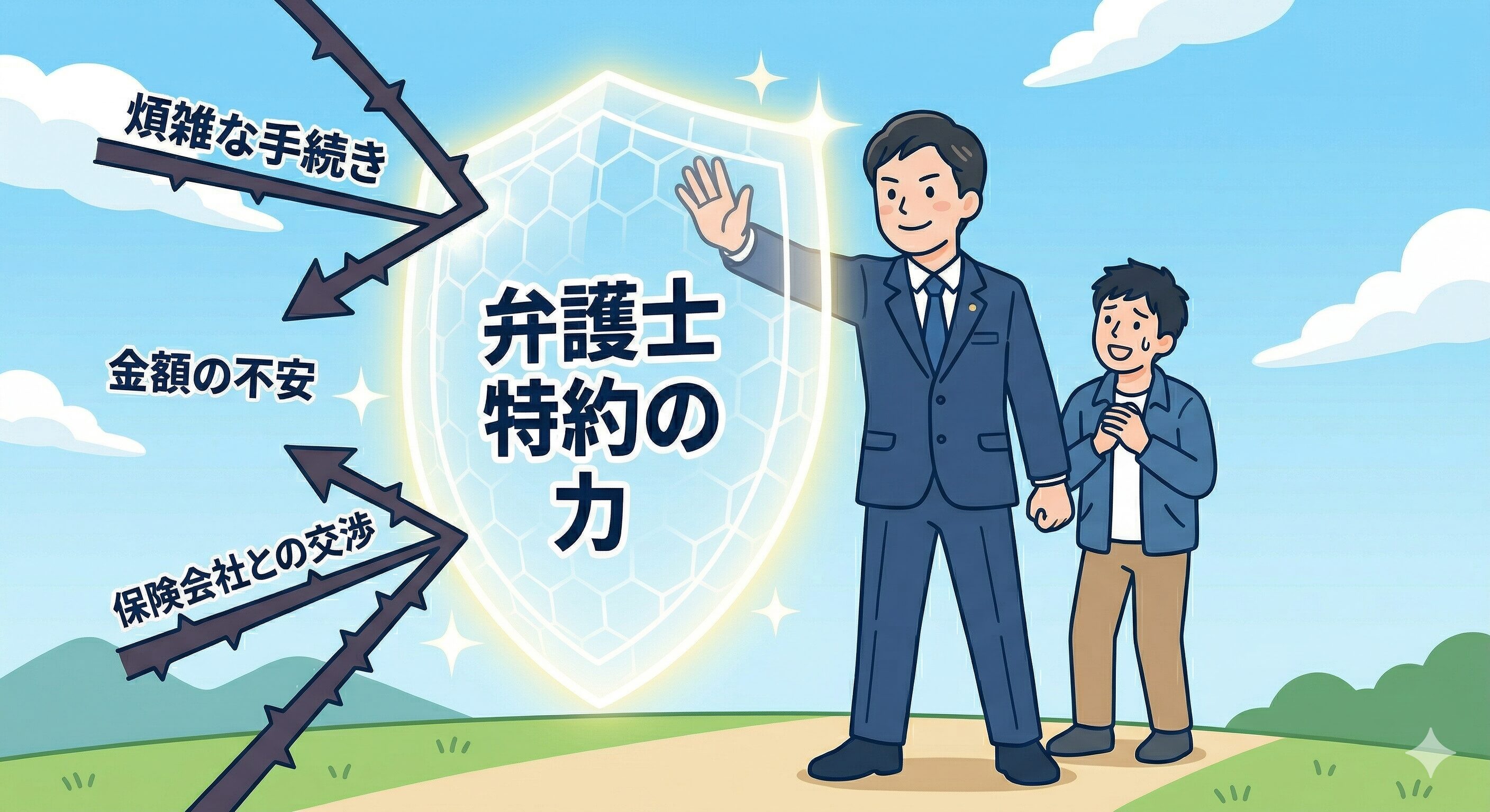 弁護士特約を利用して、交通事故の被害者を守る弁護士のイラスト。