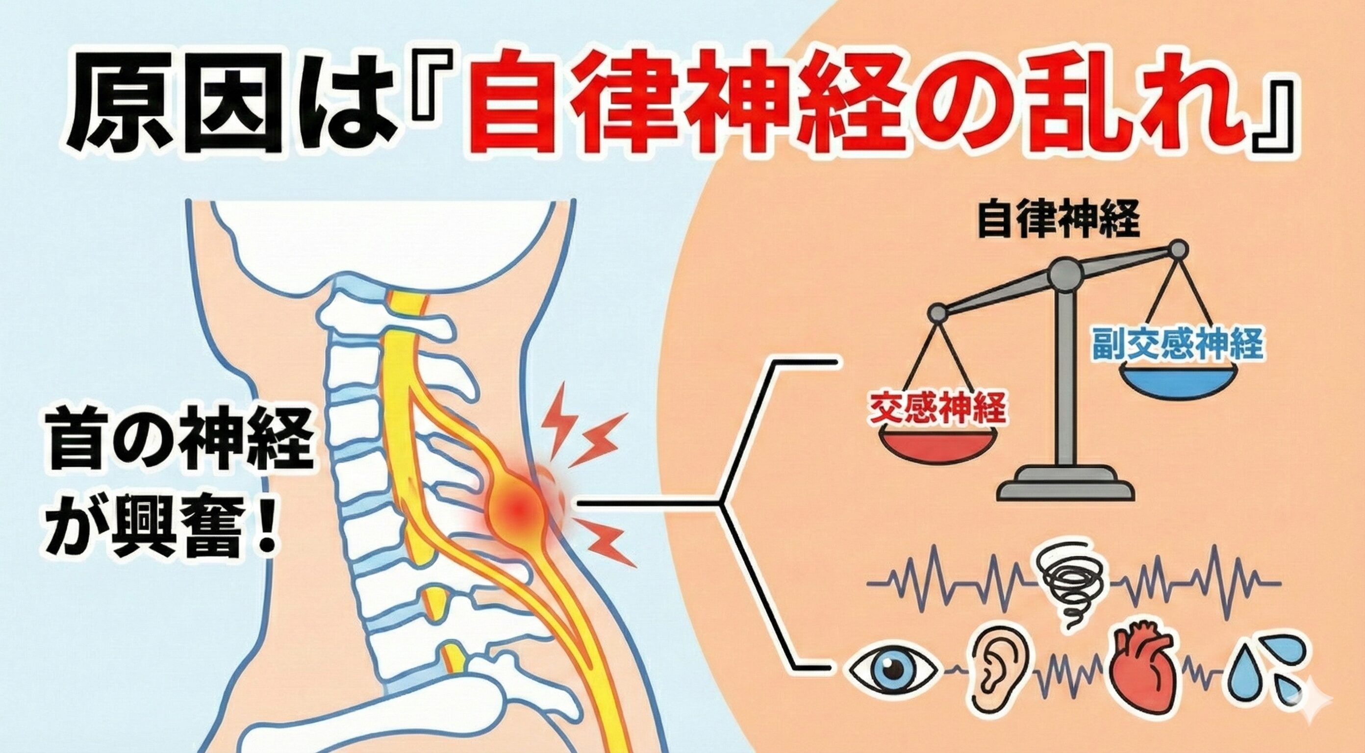 むちうちの衝撃で首の交感神経が刺激され、交感神経と副交感神経のバランスが乱れて様々な不調が起こるバレ・リュー症候群のメカニズム図解。