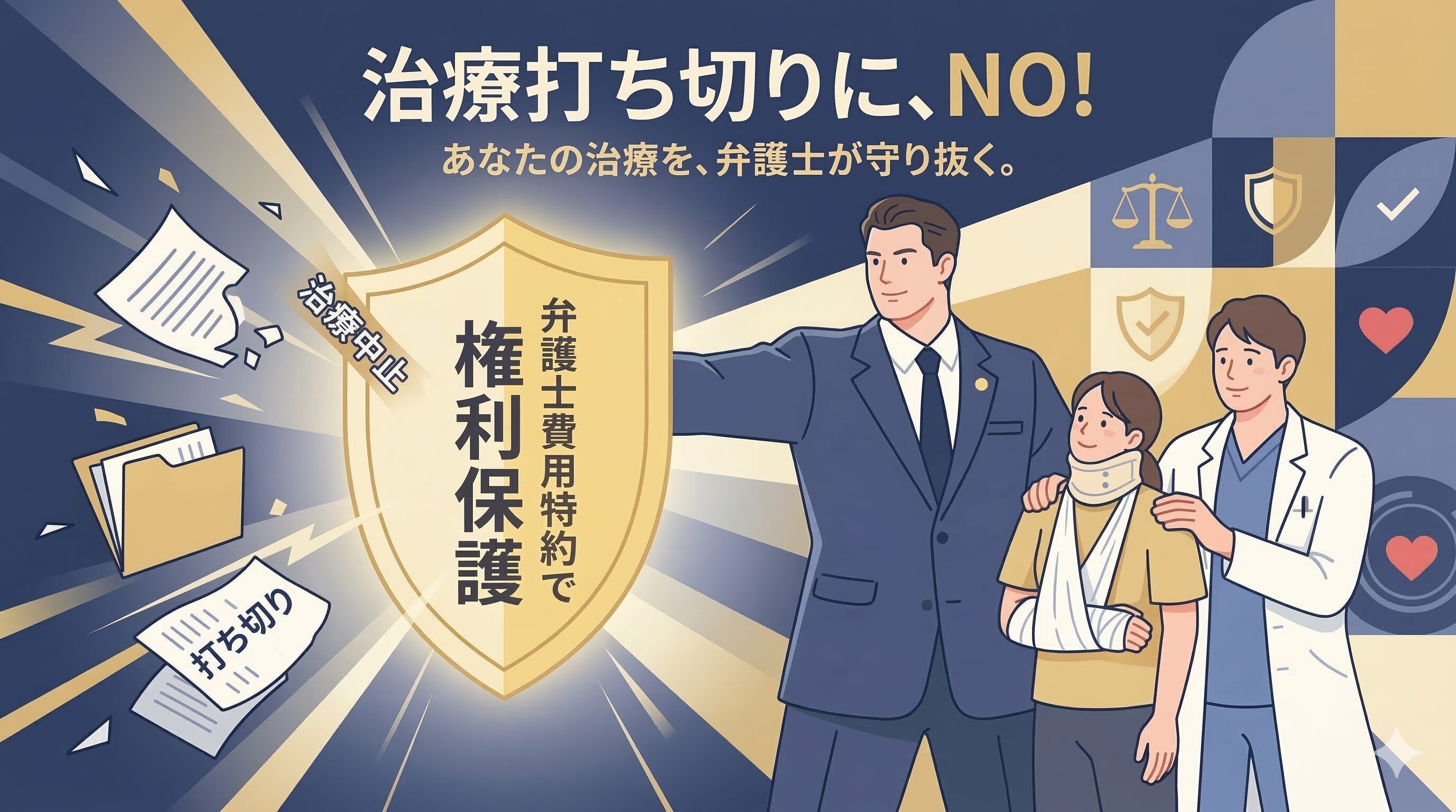 保険会社からの治療打ち切りへの対策と、弁護士費用特約による権利保護をイメージしたイラスト。