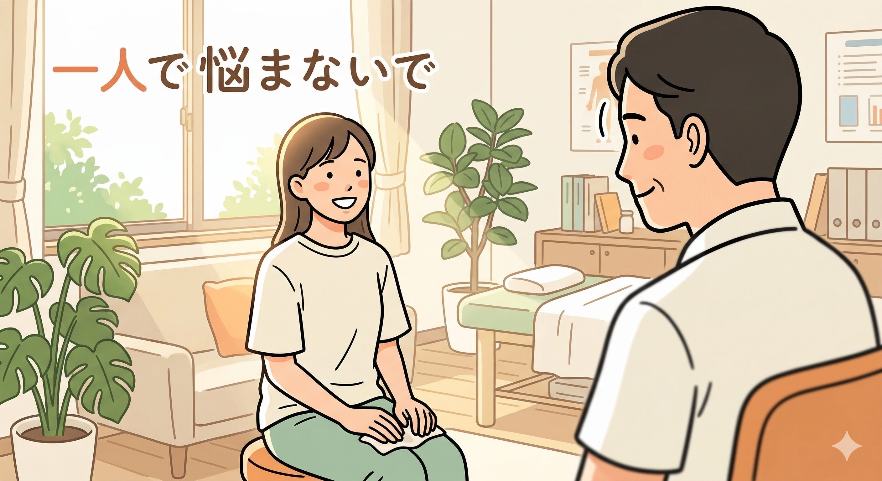 警察で人身への切り替えを断られ不安な患者様に、優しく寄り添う接骨院院長のイラスト