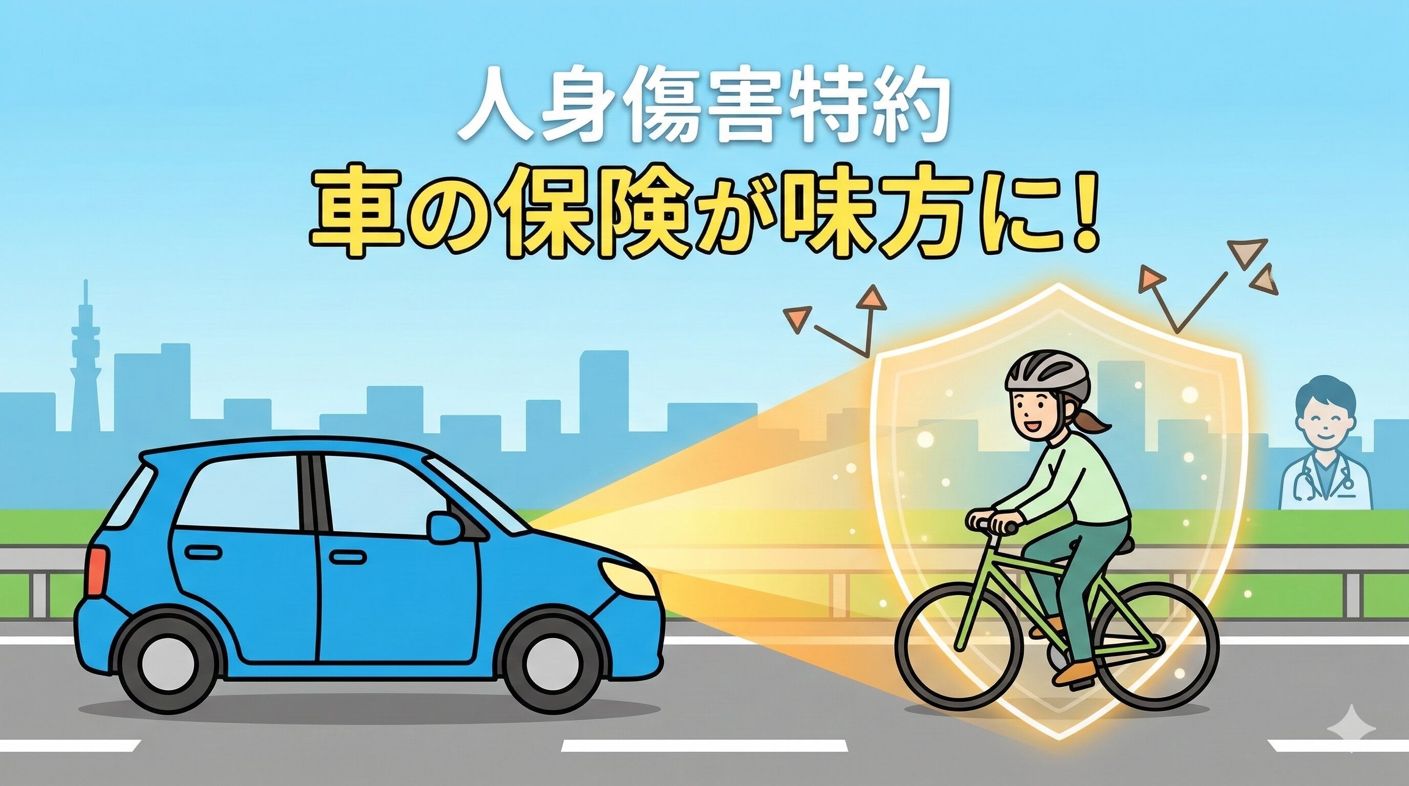 自動車保険の人身傷害特約が自転車走行中のケガもカバーすることを説明するイメージ図。