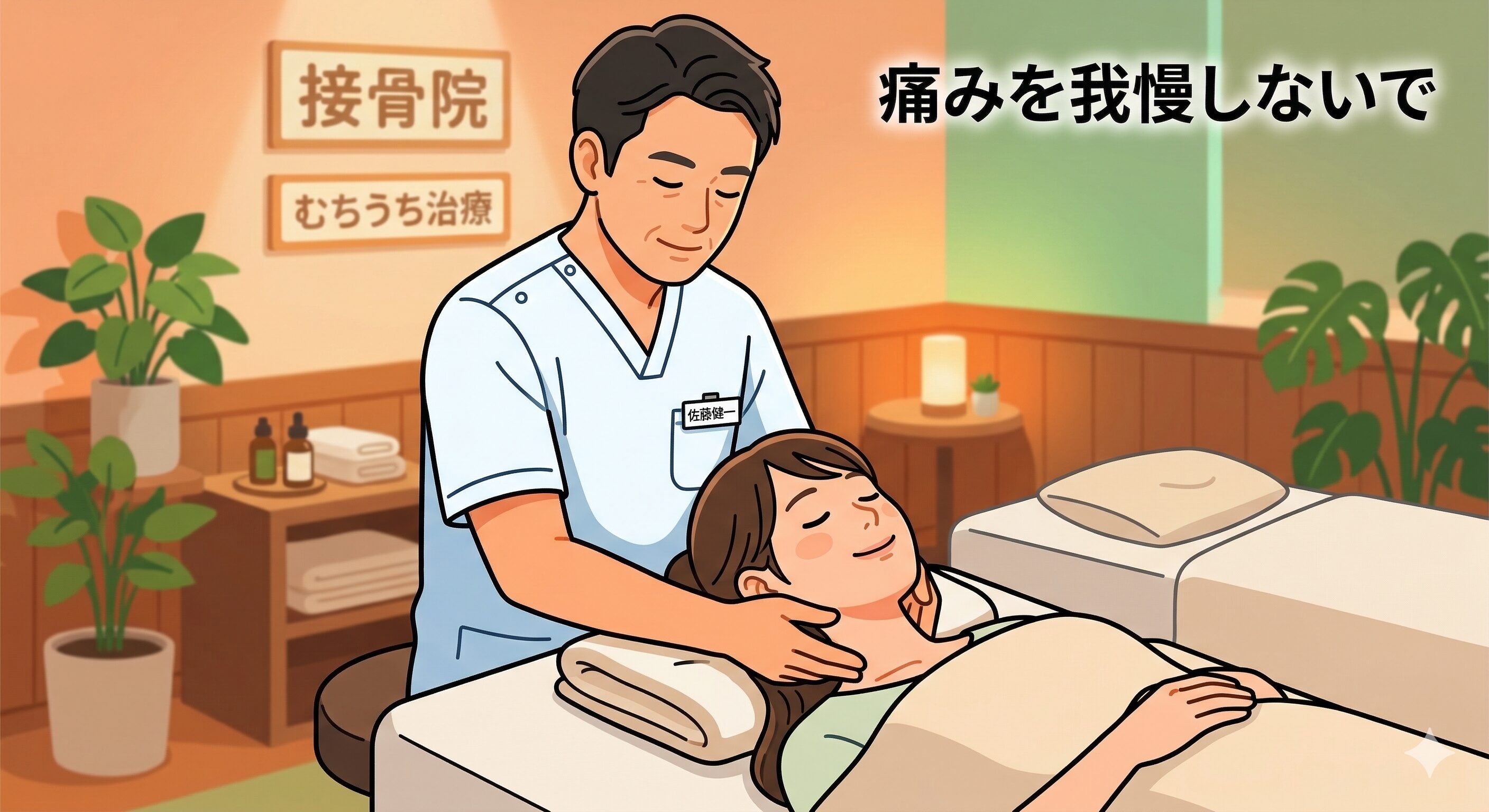 むちうちの痛みを我慢せず接骨院で丁寧な施術を受ける患者様のイラスト