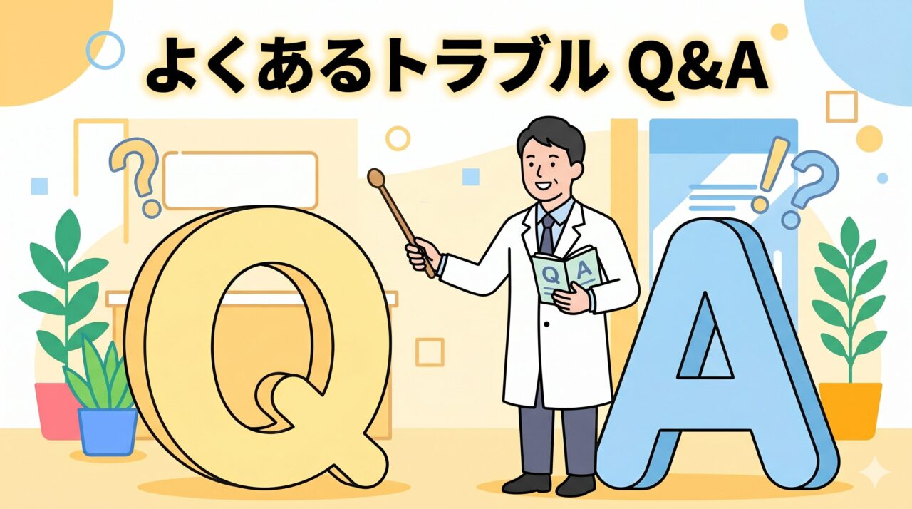 減給や始末書など、社用車事故に関するよくある質問に答える院長のイラスト
