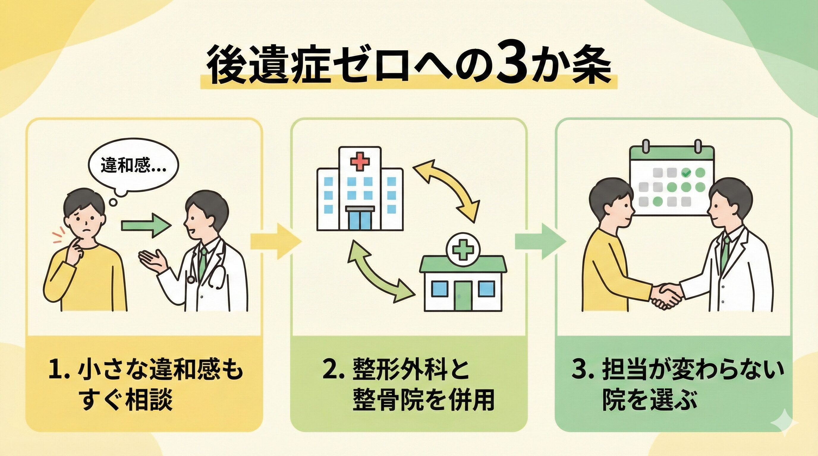 「後遺症ゼロへの3か条」のタイトル文字。「1.小さな違和感もすぐ相談」「2.整形外科と整骨院を併用」「3.担当が変わらない院を選ぶ」の3つのステップを示すイラスト図解。