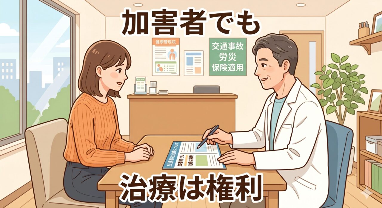 接骨院で院長が交通事故の患者様に優しく説明しているイラスト。加害者側でも治療が可能であることを伝えるシーン。