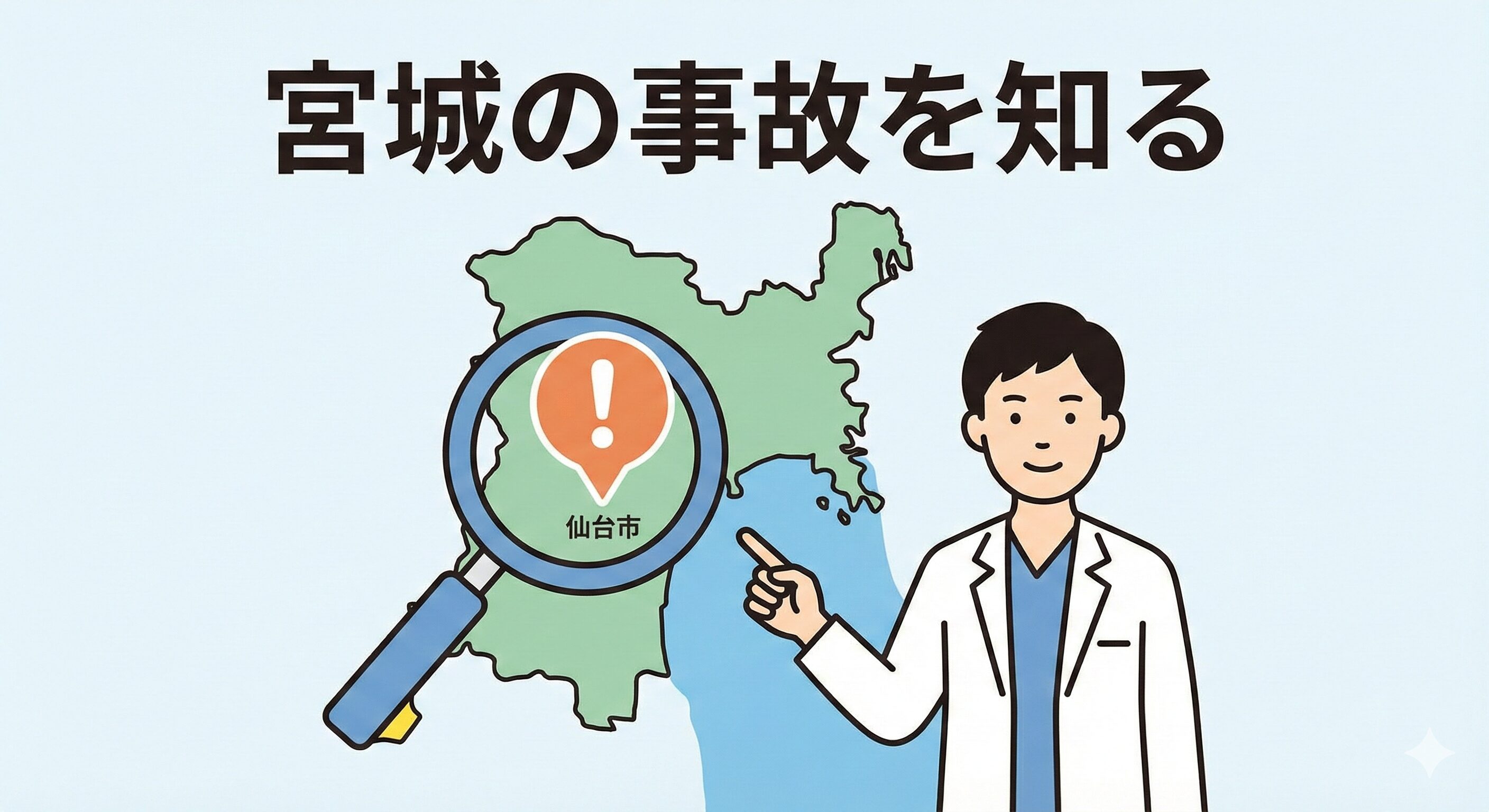 宮城県の地図と、交通事故に注意を促す虫眼鏡を持った接骨院の先生のイラスト。