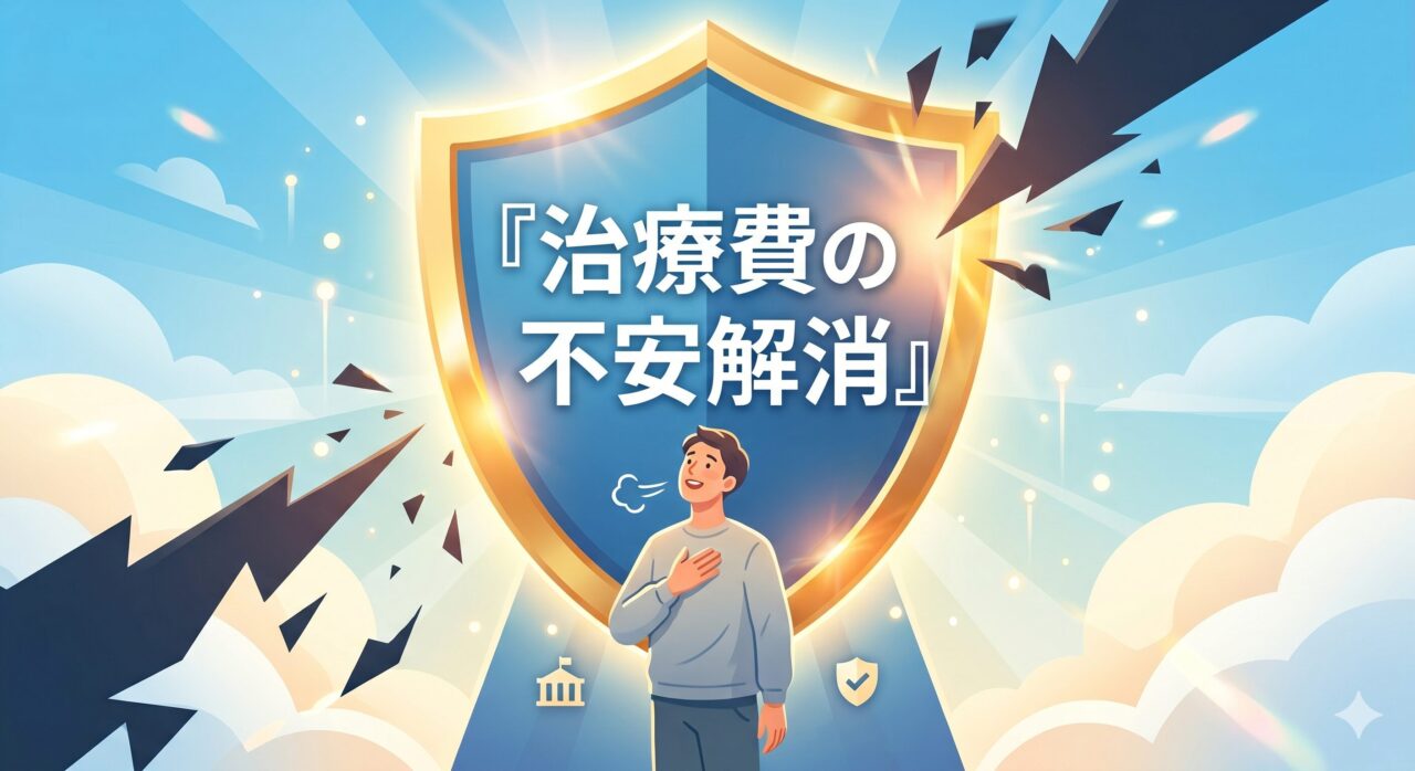 政府保障事業や自身の保険によって治療費が補償され、安心する患者のイメージ