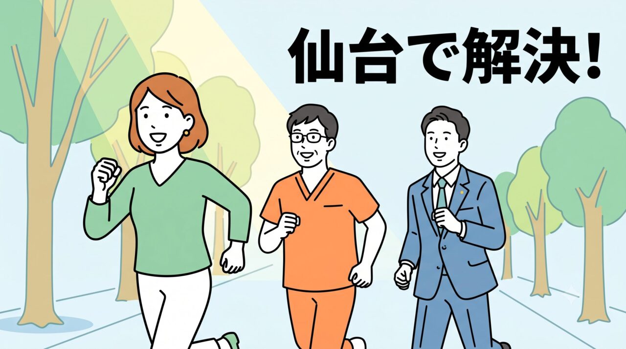 仙台のケヤキ並木をバックに、接骨院と弁護士のサポートで事故のケガから回復し笑顔で走る女性患者のフラットイラスト