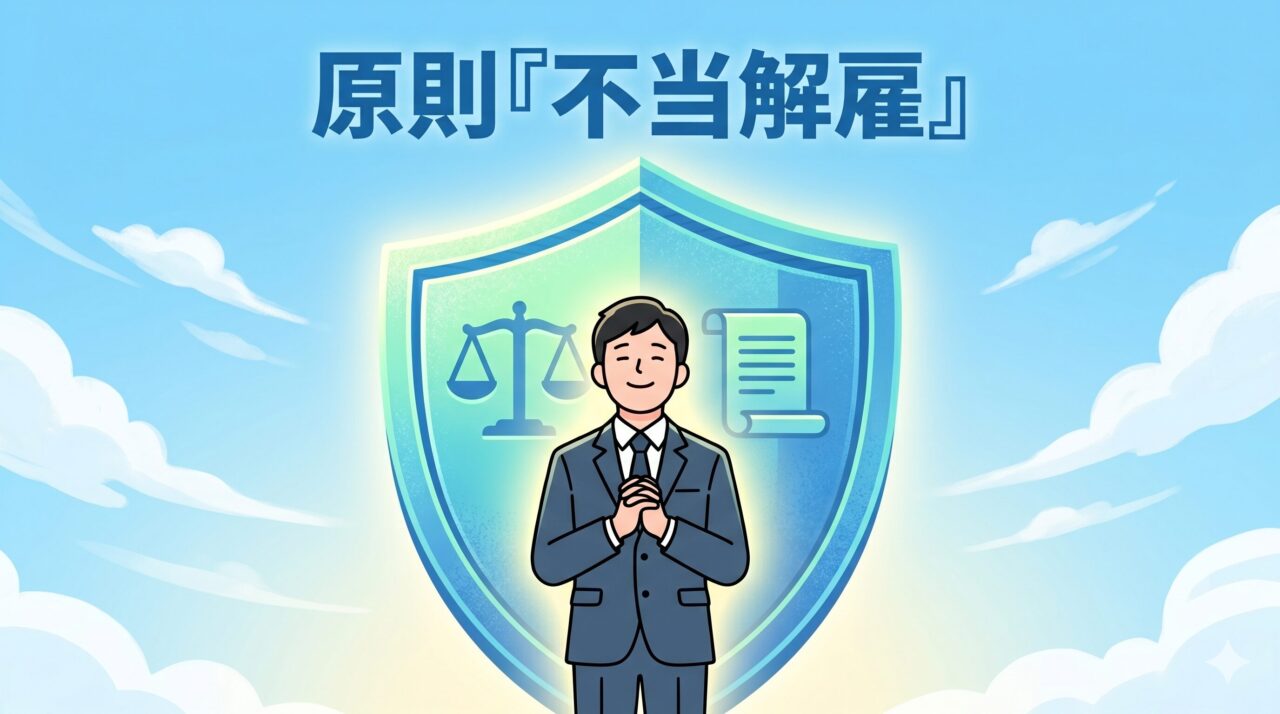 労働契約法という法律の盾に守られて安心するビジネスマンのイメージイラスト