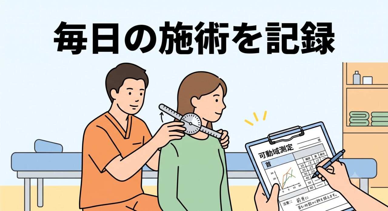 接骨院で院長が患者の首の可動域を丁寧に測定・カルテに記録している、誠実で温かみのある施術風景のイラスト