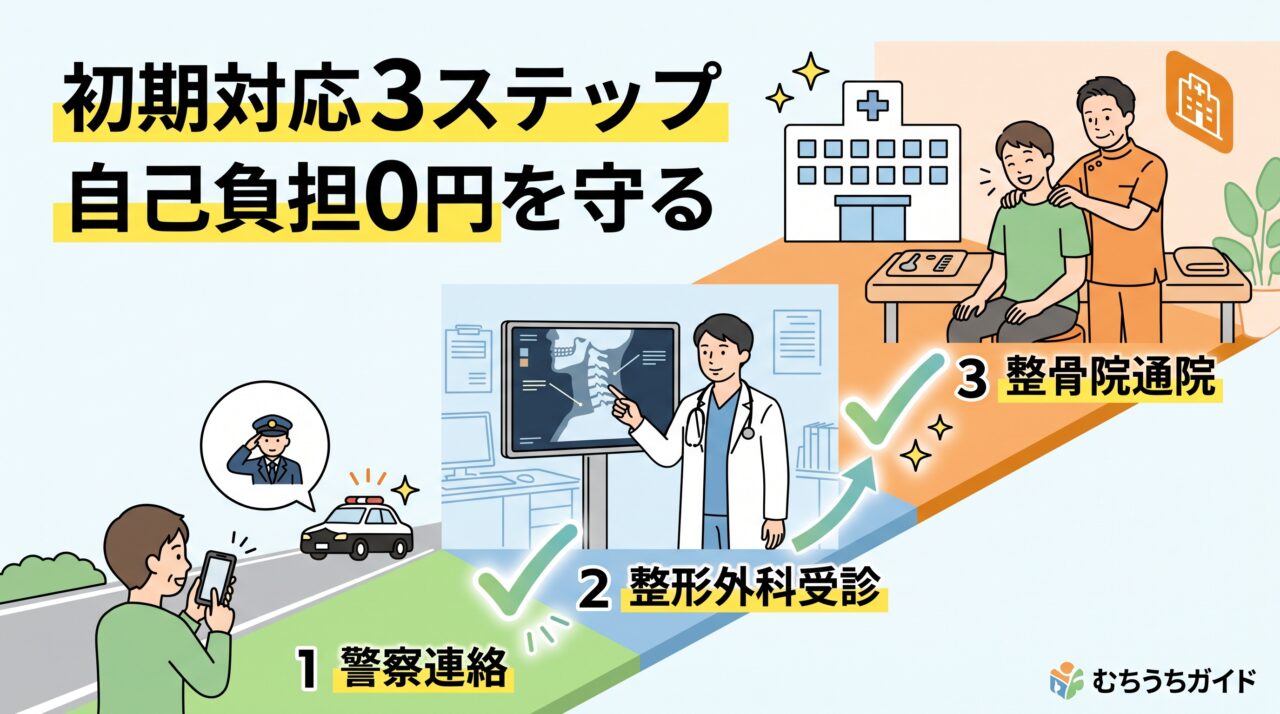 交通事故発生直後から警察届出、整形外科受診、整骨院通院までの正しい初期対応ステップ