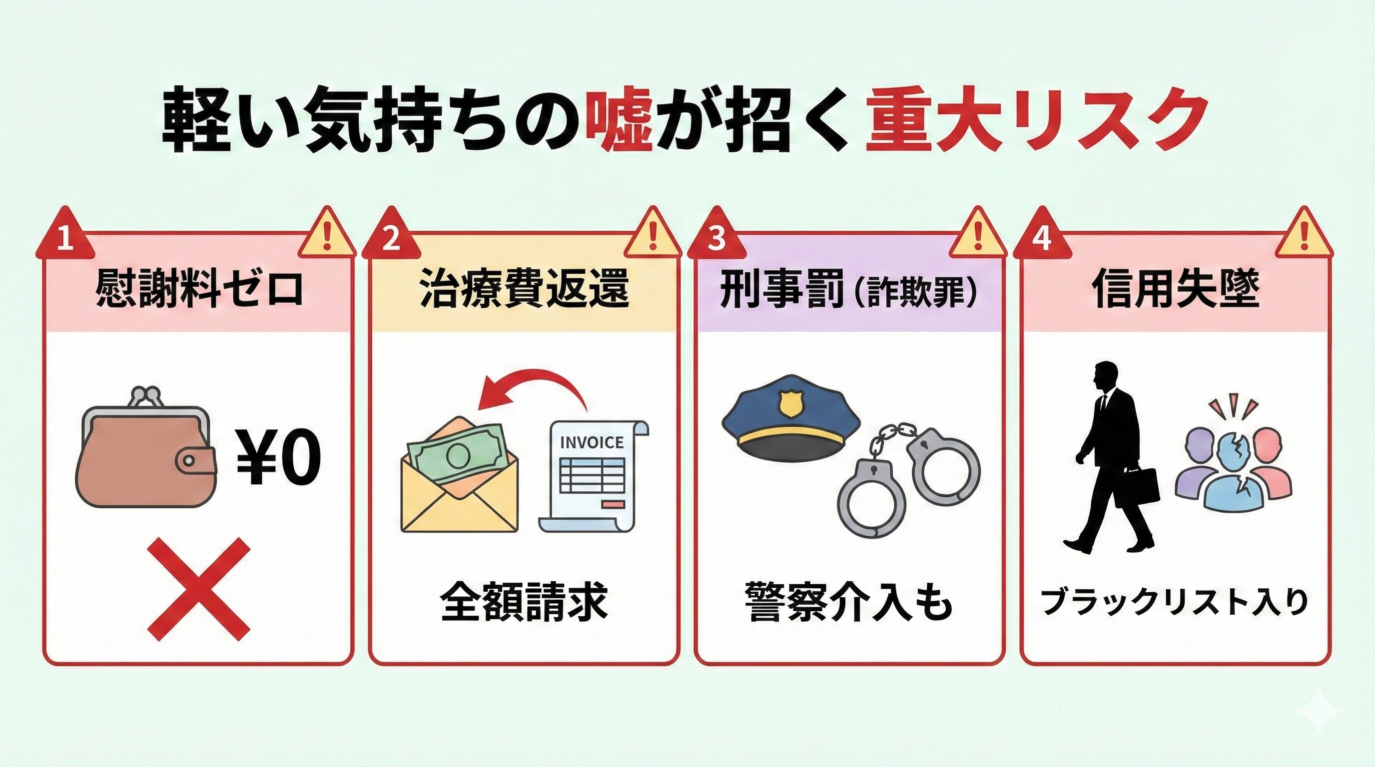 むちうちの嘘が招く4つの重大なリスク（慰謝料ゼロ、返還請求、刑事罰、信用失墜）