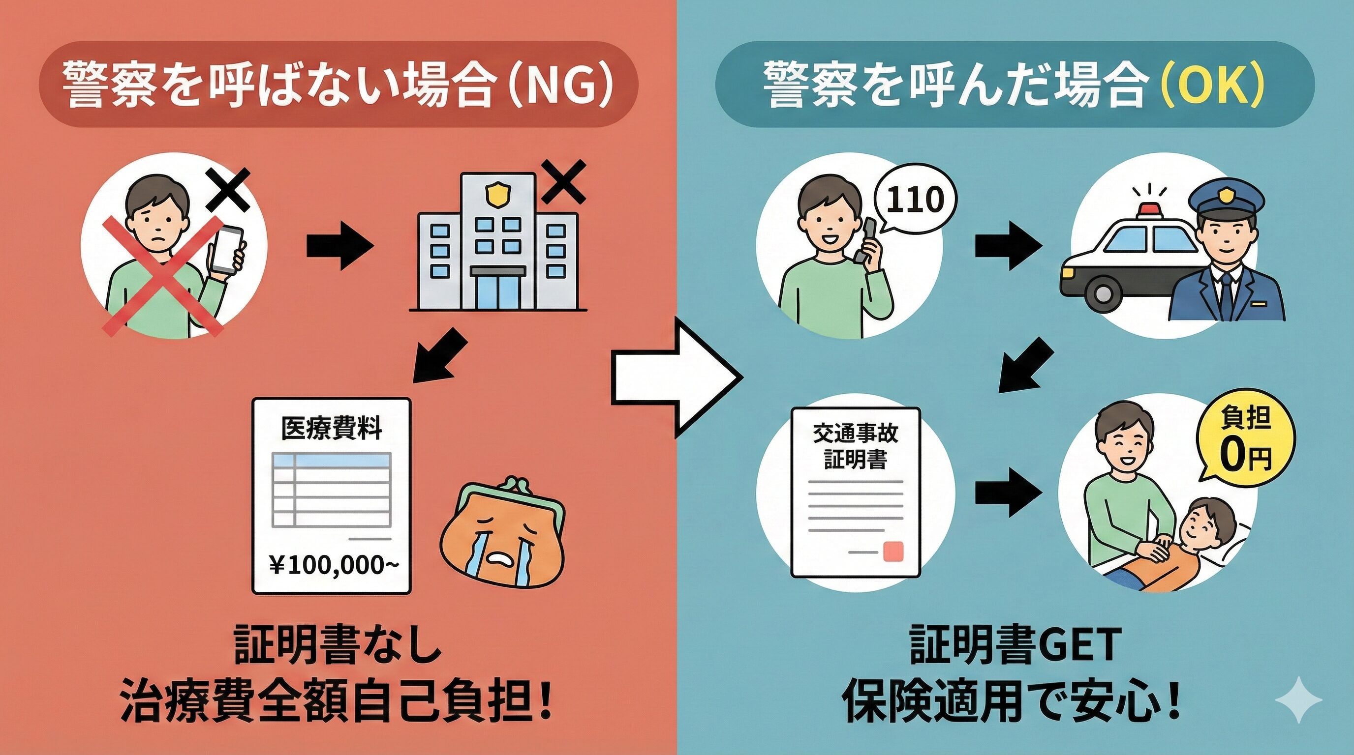 警察に届け出なかった場合(左・NG)と届け出た場合(右・OK)の運命の分かれ道を示す比較フローチャート。左側は証明書がなく治療費が全額自己負担になる様子、右側は証明書を取得し保険適用で安心して治療を受ける様子が描かれている。