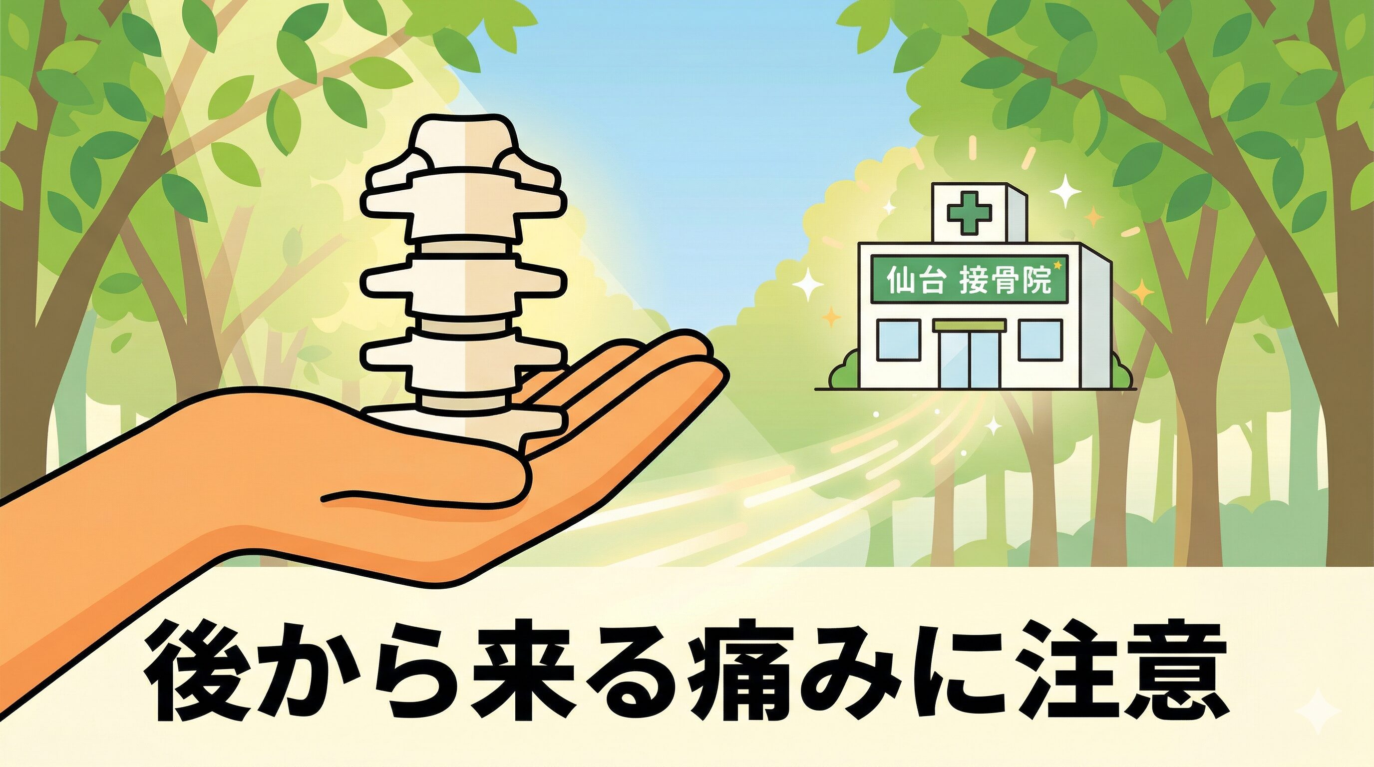 当て逃げ後のむちうち(首の痛み)に対する注意喚起と、仙台の接骨院での丁寧な施術イメージ