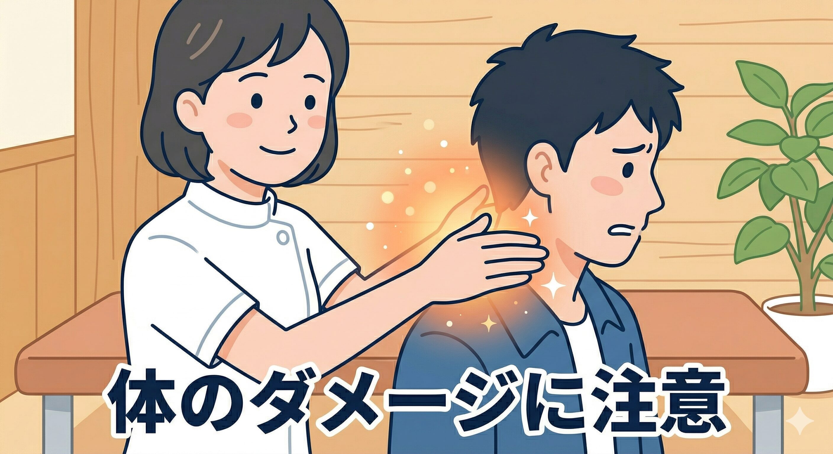 むちうちのダメージに注意を促し、患者の首を優しく治療する接骨院の先生。