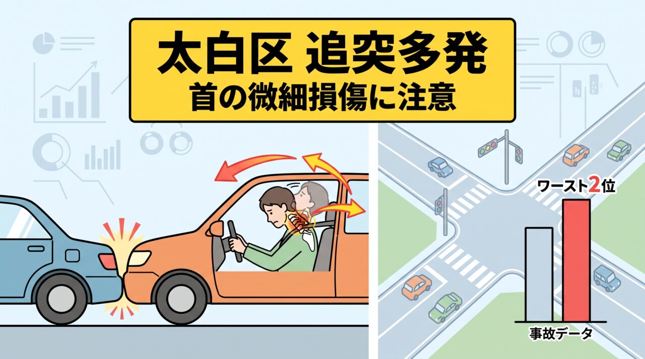 仙台市太白区で多発する追突事故と頚椎がしなりむちうちが発生するメカニズムの解説図