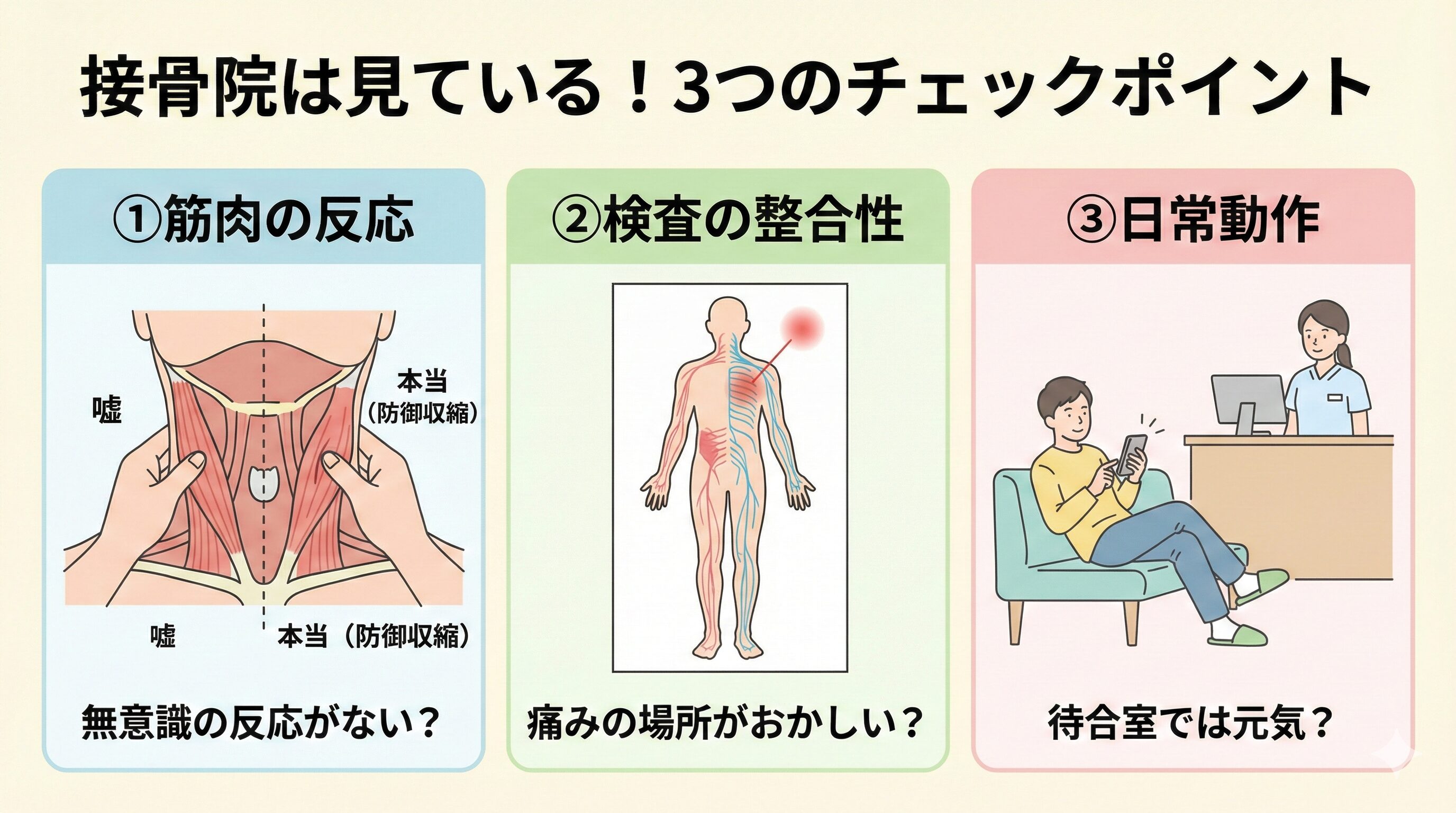 接骨院がむちうちの嘘を見抜く3つのポイント（筋肉の反応、検査の整合性、日常動作）