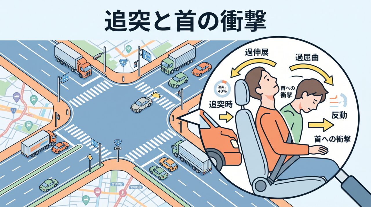 仙台市宮城野区の交差点・幹線道路で多発する追突事故とむちうち発生メカニズムを図解したインフォグラフィック 