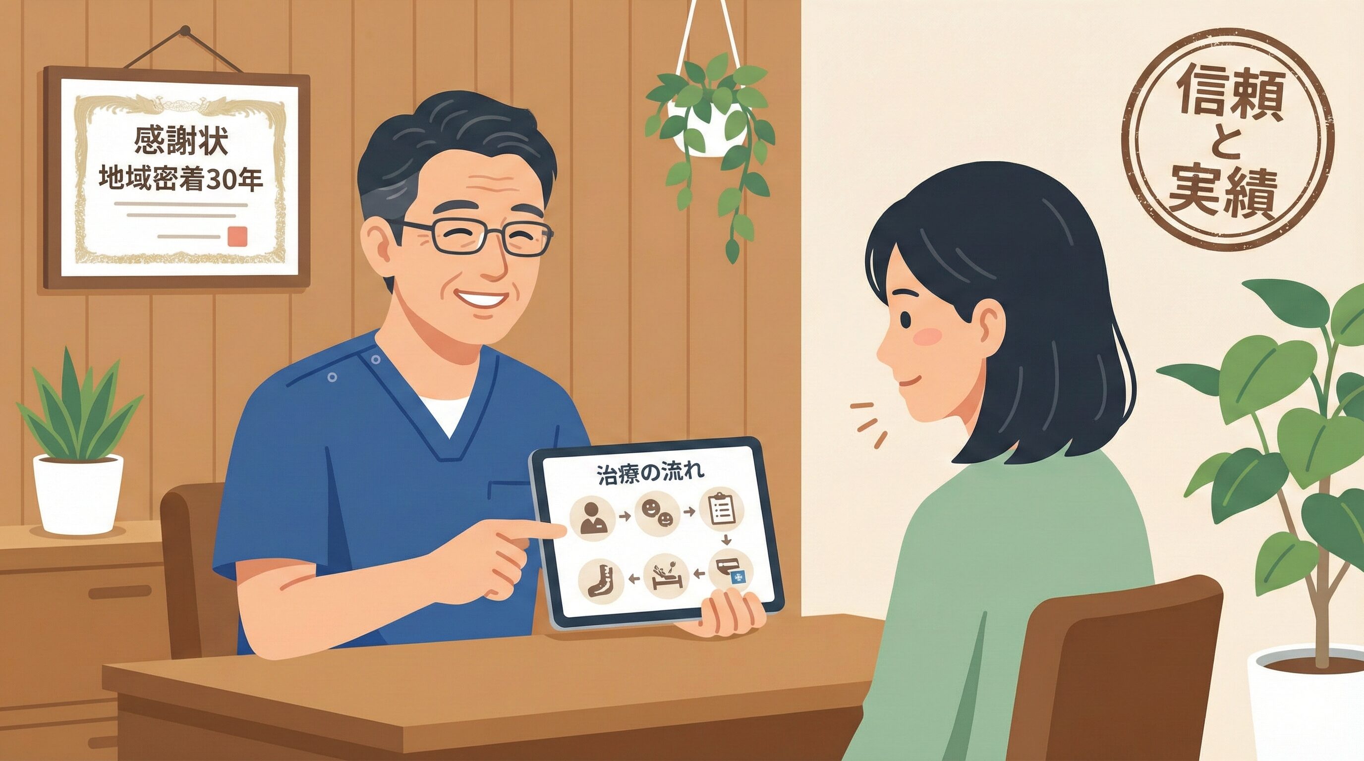 7. 阿部接骨院 イメージ画像の内容:地域密着の歴史と、ベテラン院長による丁寧な説明。プロンプト (英語):Flat design infographic, 16:9 aspect ratio. Visuals: A cozy, established clinic interior with a certificate on the wall. A veteran therapist (older, kind glasses) explaining a treatment flow chart on a tablet to a patient. Stamp-style icon saying "Trust & Track Record". Colors: Warm brown, beige, and calming green. Style: Homey, reliable.Altタグ:阿部接骨院の特徴を示すイラスト。長年地域に根ざした信頼感と、経験豊富なベテラン院長が治療の流れを丁寧に説明する安心感のある様子。