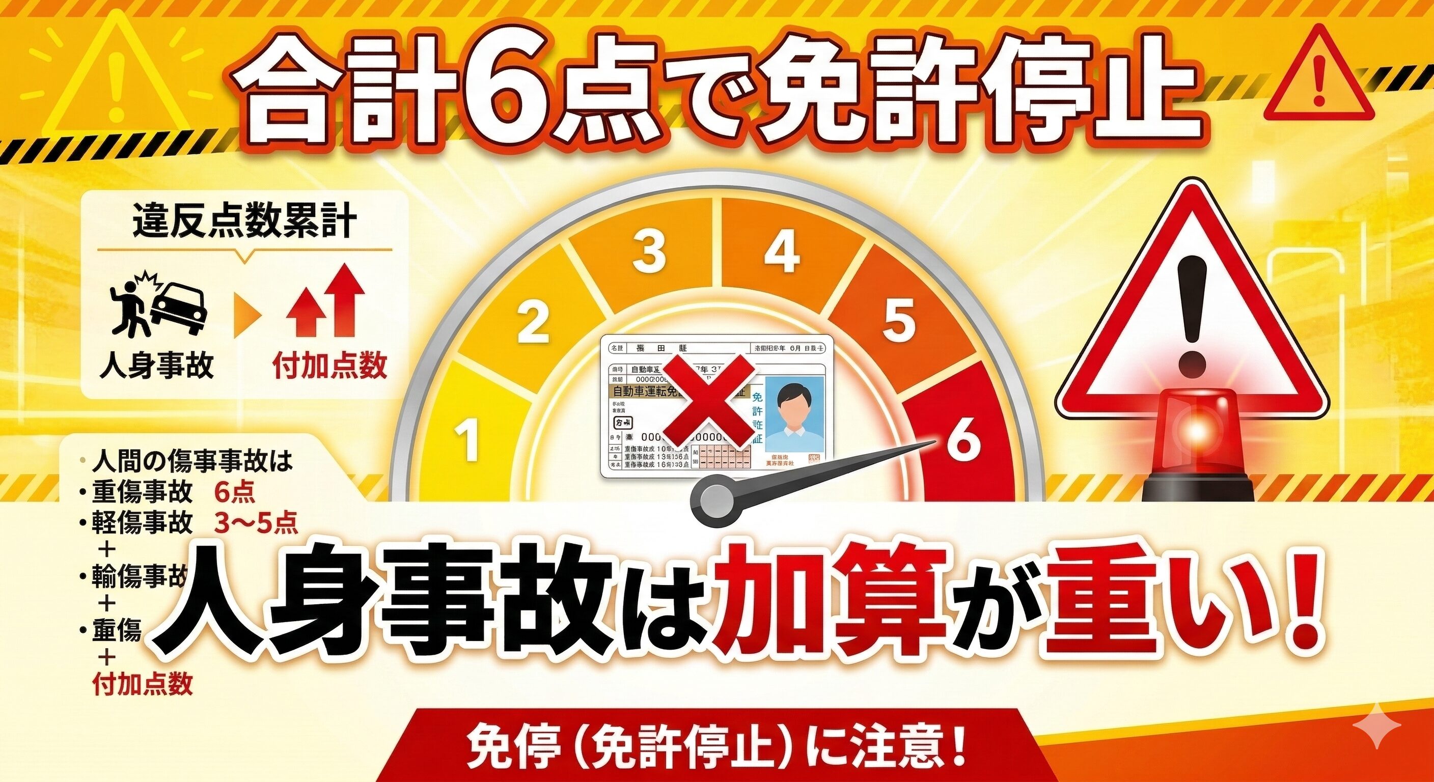 人身事故の違反点数が合計6点になると免許停止（免停）になることを示す図解。