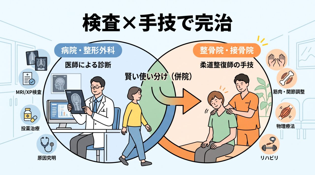 整形外科の画像診断と整骨院の専門手技療法を並行して受ける賢い併院通院ステップの比較解説イラスト 
