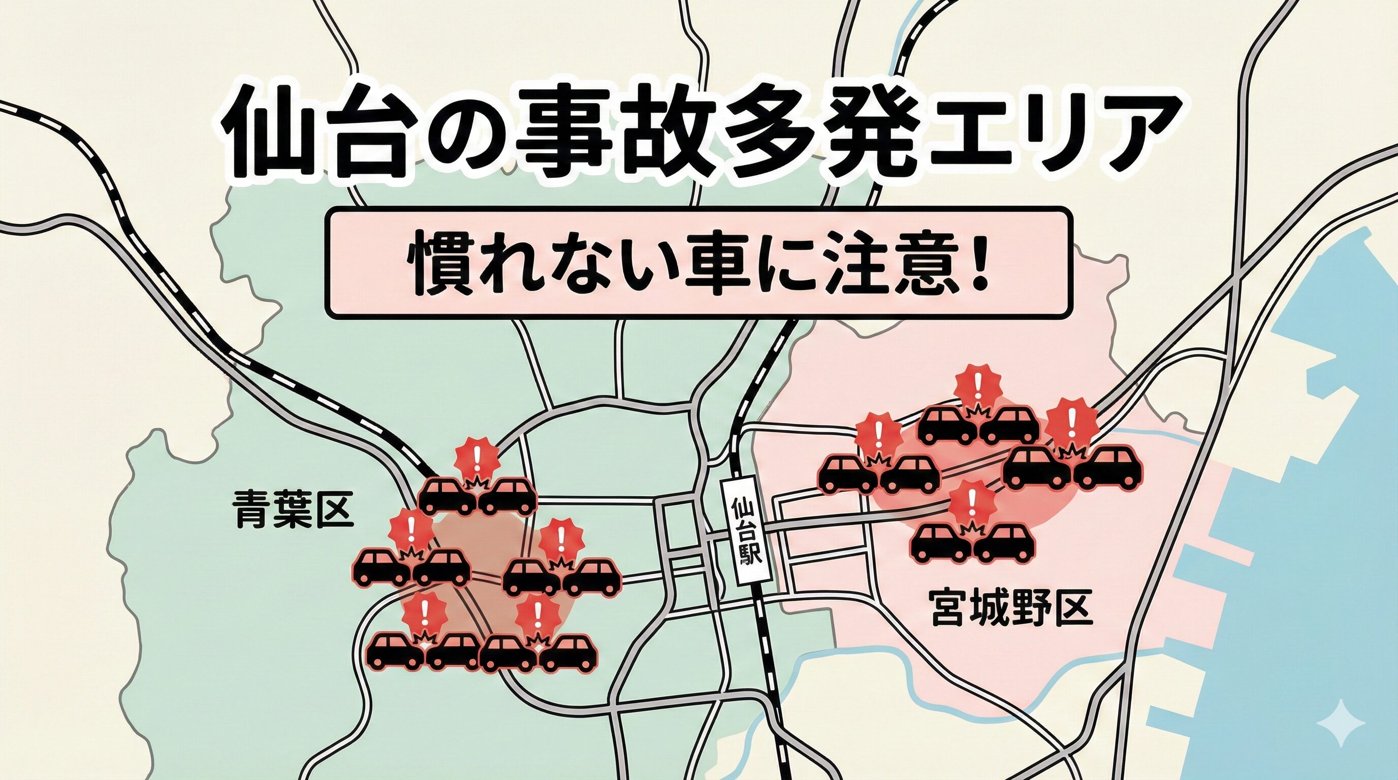仙台市青葉区や宮城野区の事故件数に触れ、不慣れな車での運転に注意を促す地図イラスト