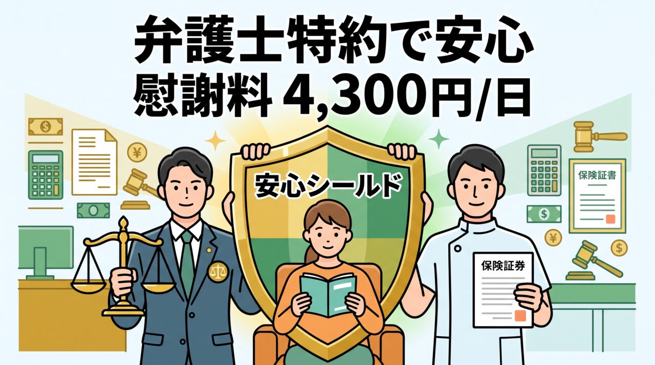 交通事故の自賠責保険や弁護士特約を活用して治療費打ち切りを防ぎ適正な慰謝料を確保するイメージイラスト