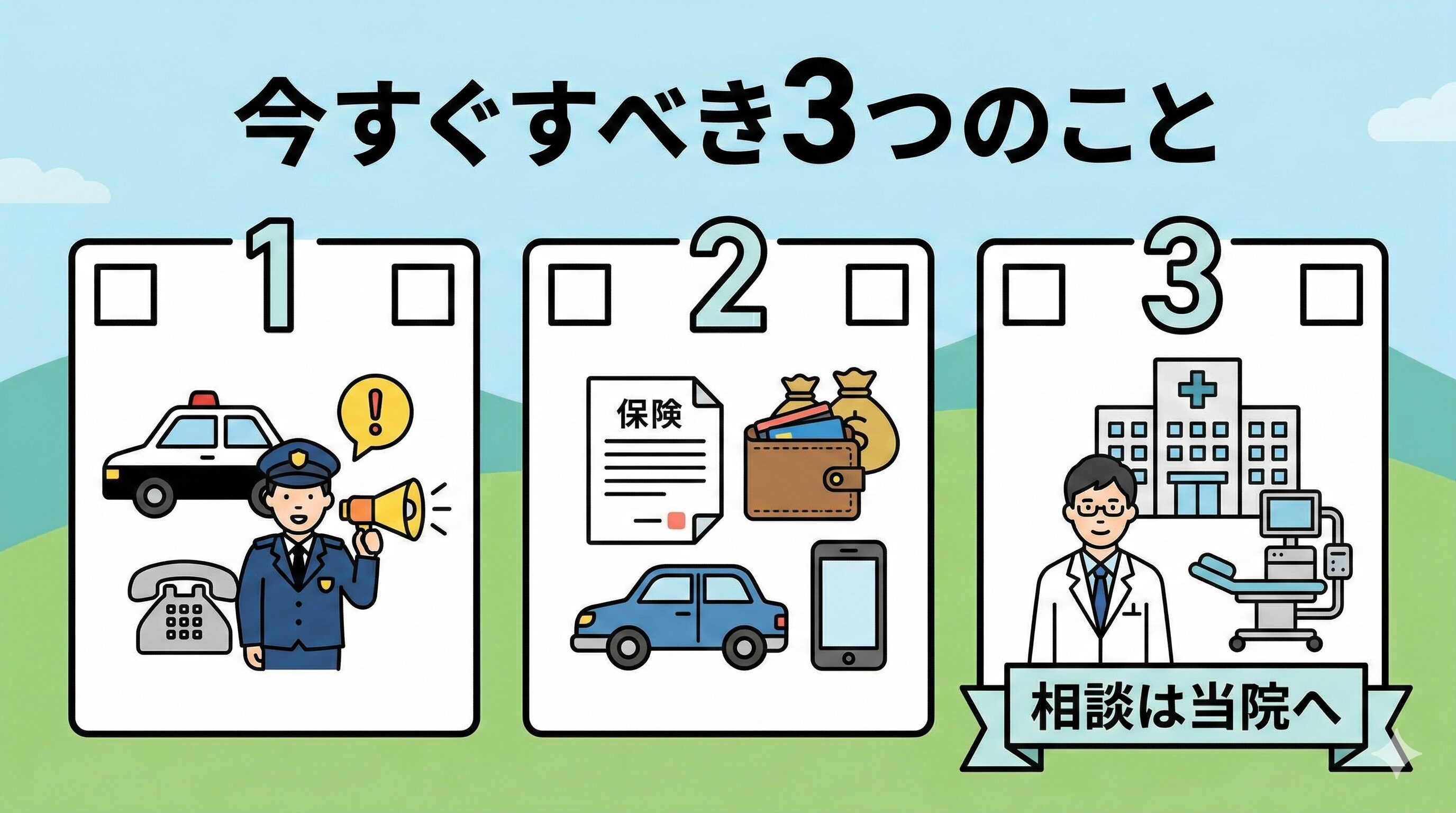 事故後にすぐ行うべき警察連絡、保険確認、医療機関受診の3ステップまとめ