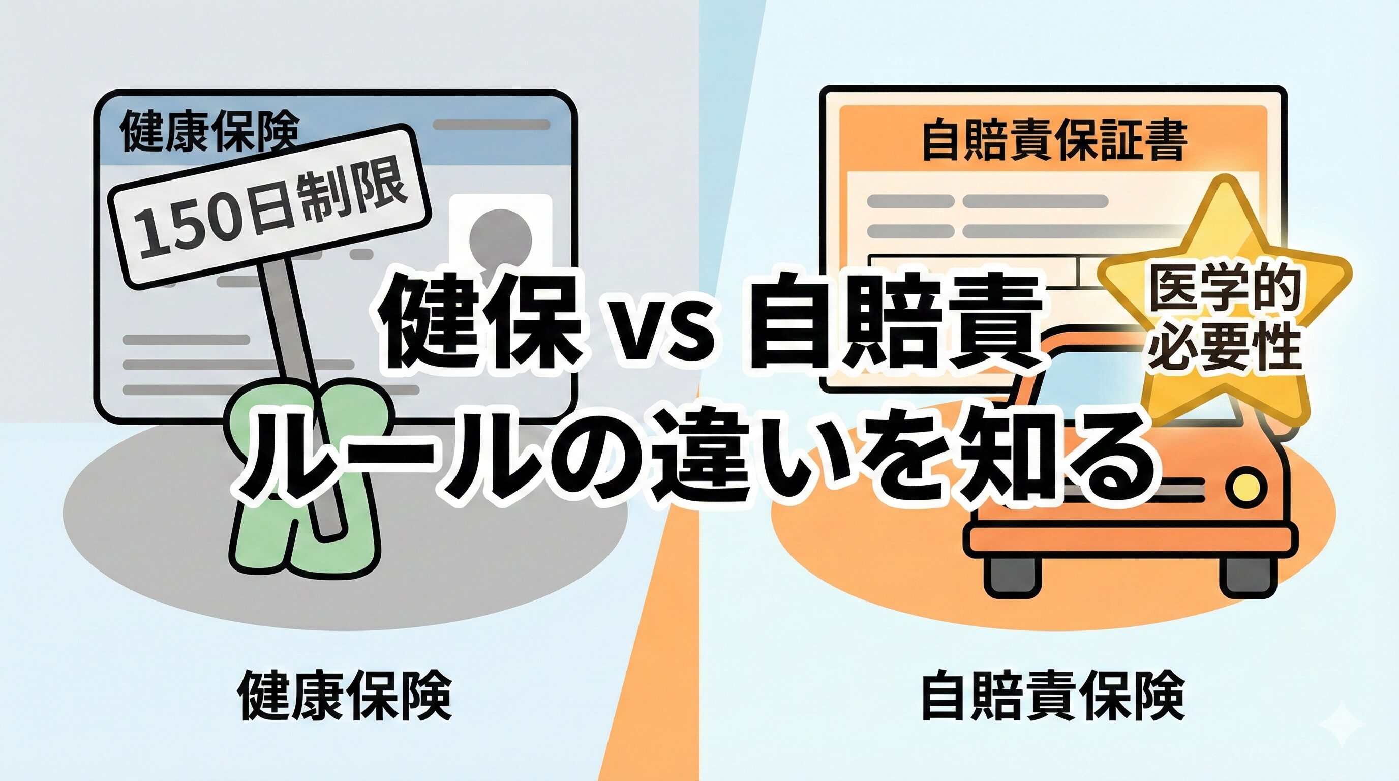 健康保険の150日ルールと自賠責保険のルールの違いを比較するインフォグラフィック。