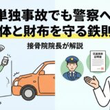 単独事故で不安なドライバーが警察に電話し、接骨院の院長が笑顔でサポートしているイラスト。「体と財布を守る鉄則」という文字。
