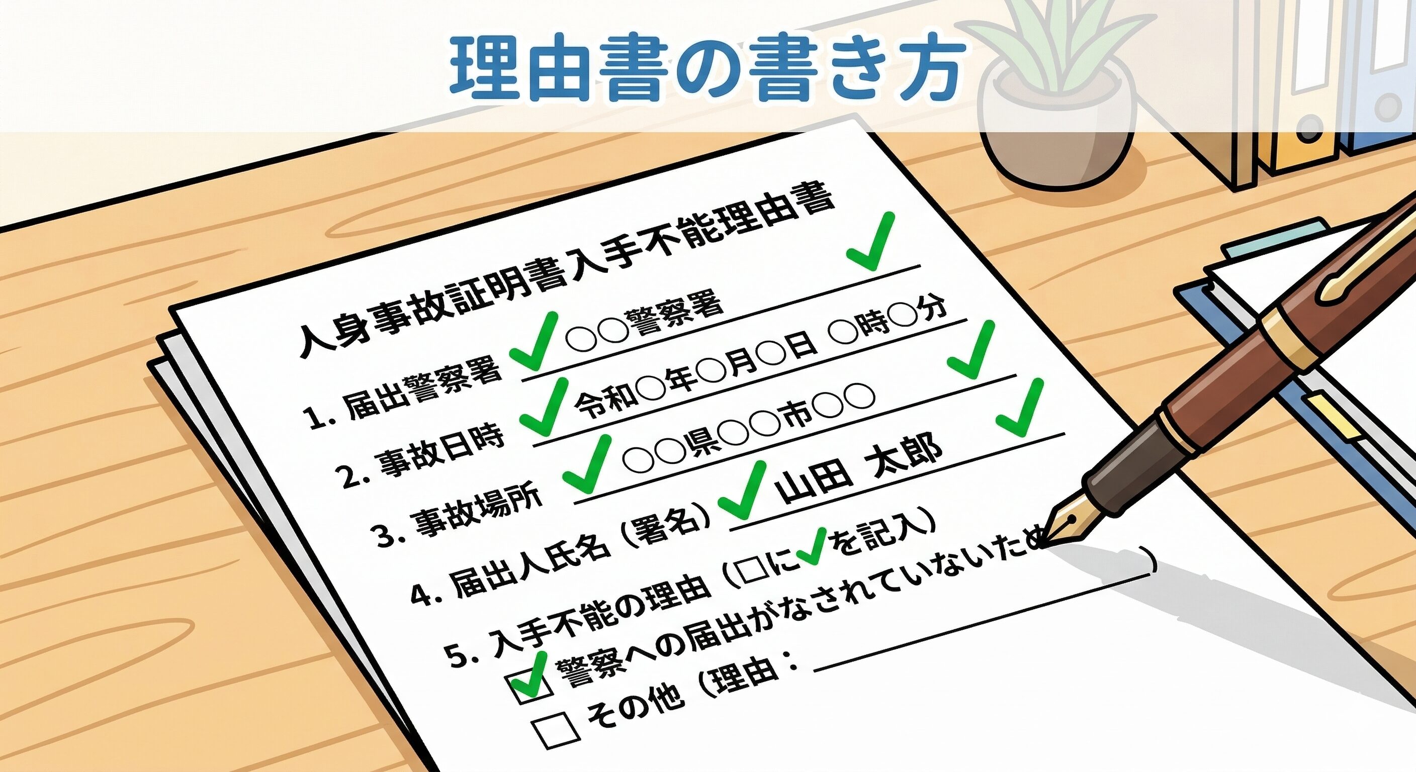 人身事故証明書入手不能理由書の書き方と必須項目を示す書類のイラスト