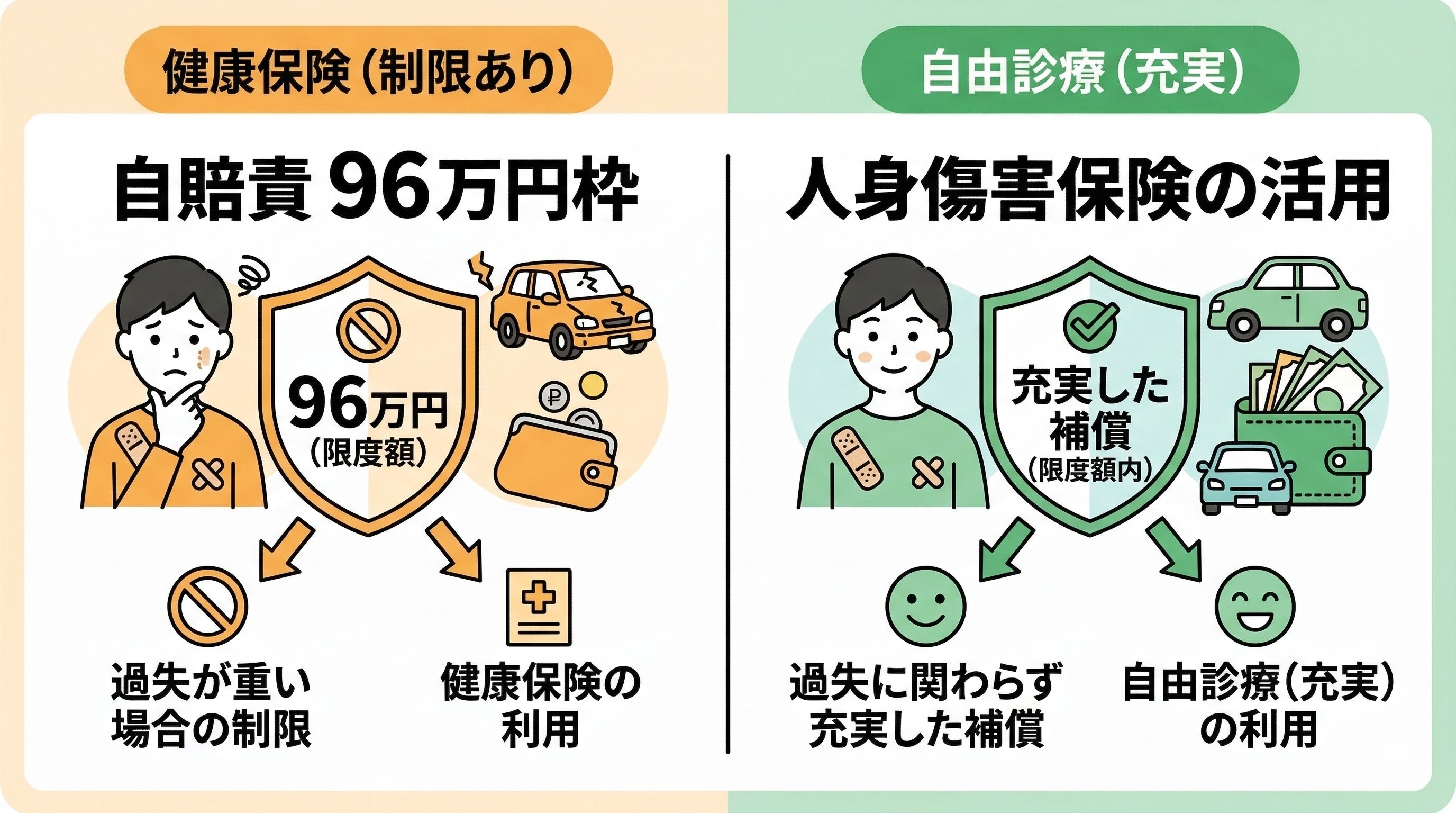 過失が重い場合の自賠責保険96万円枠と人身傷害補償保険の活用についての解説図