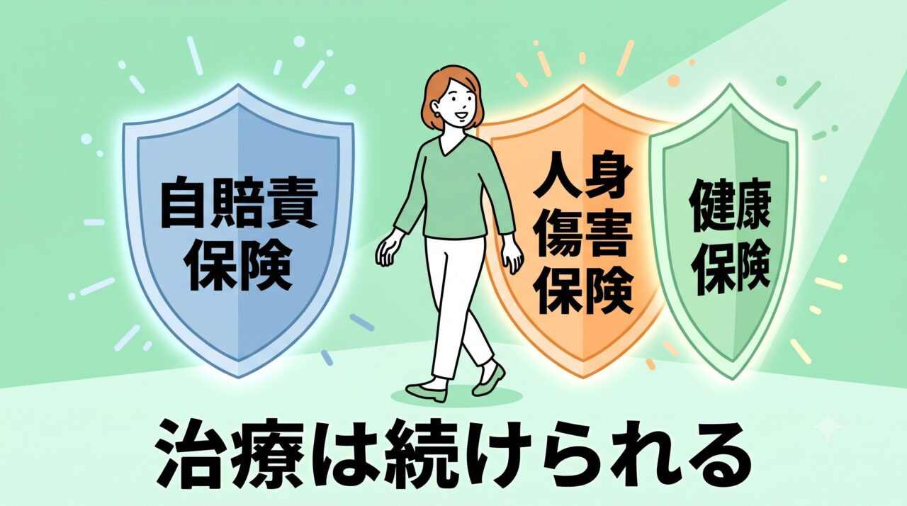 複数の救済保険制度の盾に守られ、治療を継続できることに安心した表情で前に進む女性患者のフラットイラスト