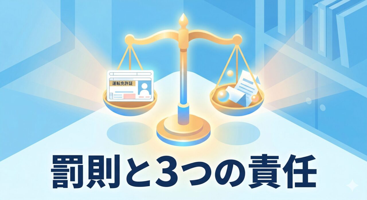 運転免許証と輝く天秤のイラストで、居眠り運転の罰則と正しい責任の向き合い方を表現