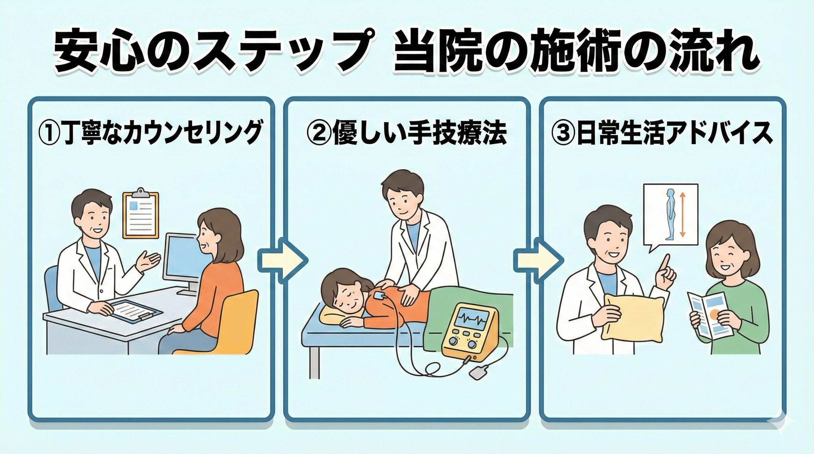 接骨院での交通事故施術の流れを3ステップで説明するイラスト。①丁寧なカウンセリング、②痛くない優しい手技療法、③姿勢や枕などの日常生活アドバイスの様子が描かれている。