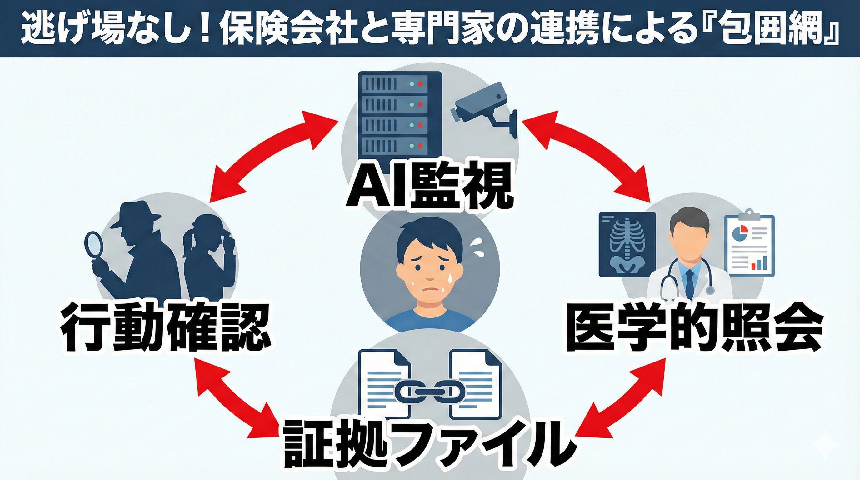 保険会社、調査員、医療機関が連携し、AIや現場監視、医学的照会によって詐病の嘘を追い詰める包囲網のイラスト