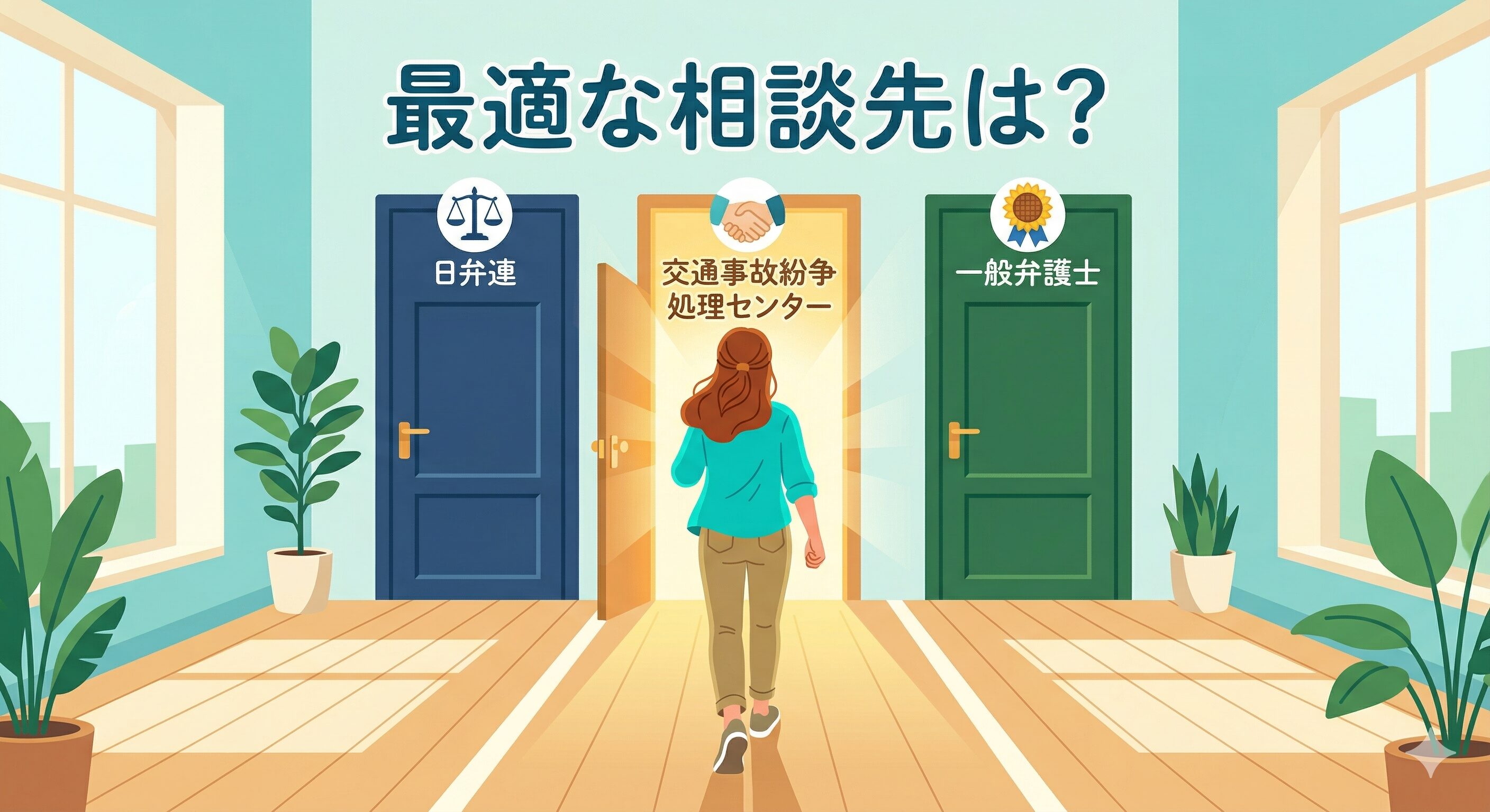 交通事故の3つの相談先の中から、自分に最適な解決への道を選ぶ人物のイラスト