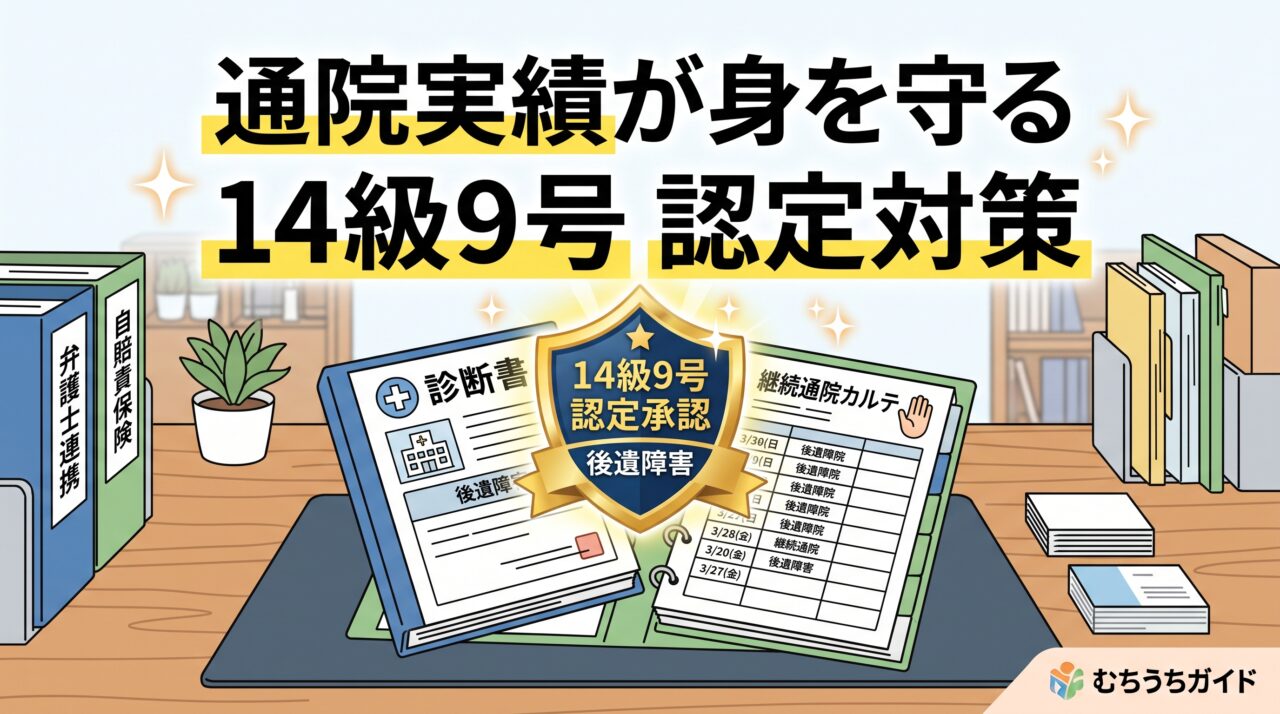 一貫した通院とカルテ記録がむちうち後遺障害認定で重要であることを示すイラスト