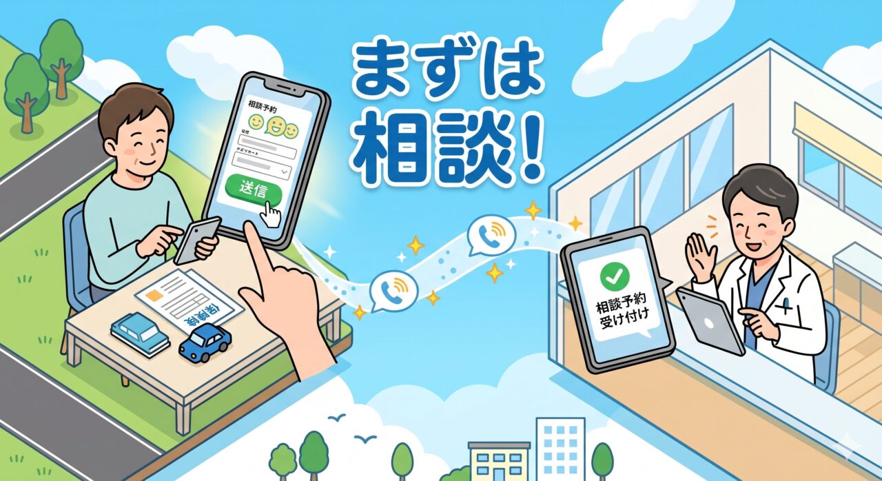 交通事故の悩みをスマホで気軽に専門家へ相談するイメージ。